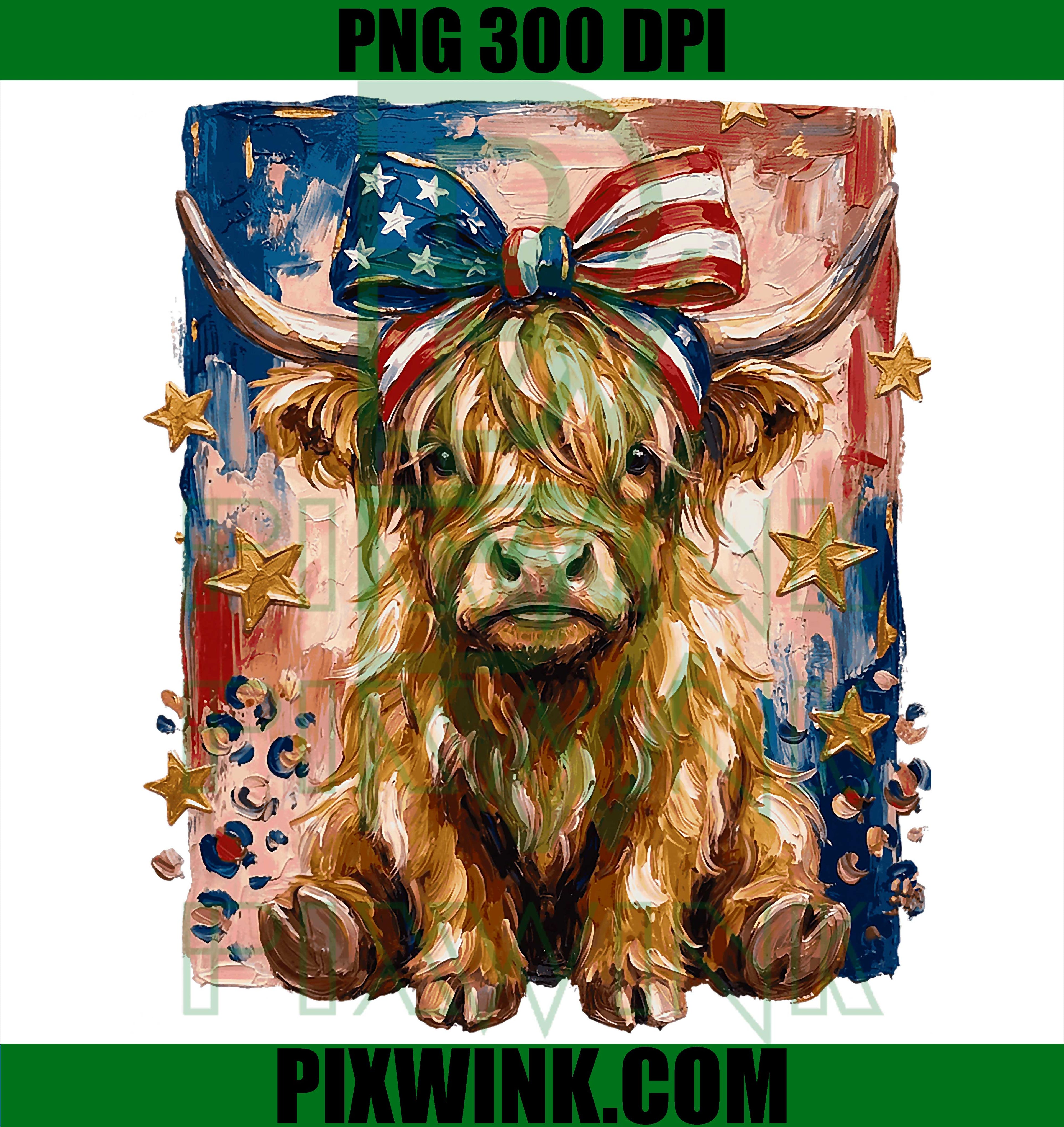 America Highland Cow PNG, 4th July Cowgirl Bow PNG