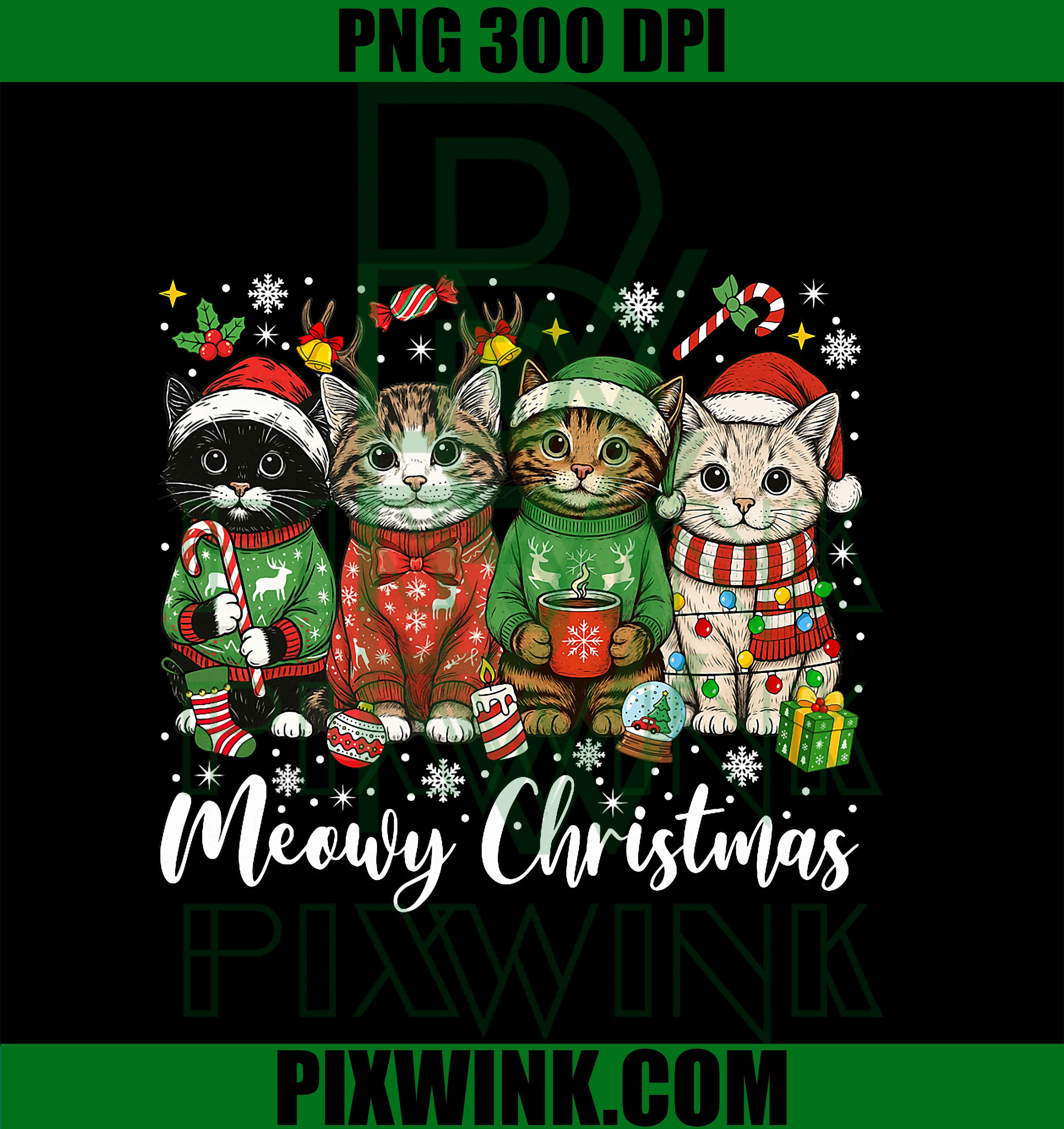 Cute Cats Meowy Christmas Light Santa Hat PNG, Merry Catmas Xmas PNG