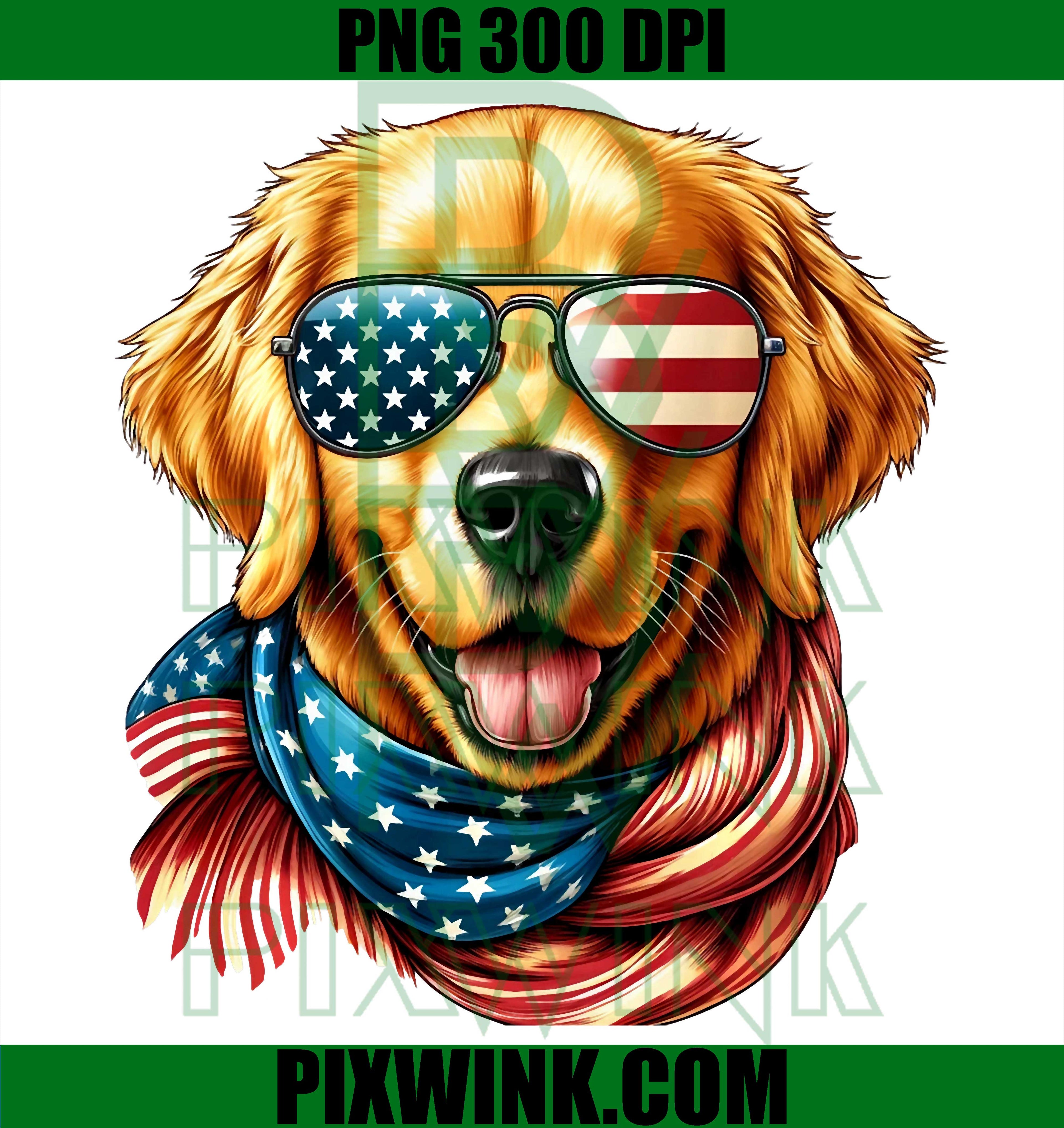 Golden Retriever Dog American Flag PNG, Sunglasses 4th Of July PNG