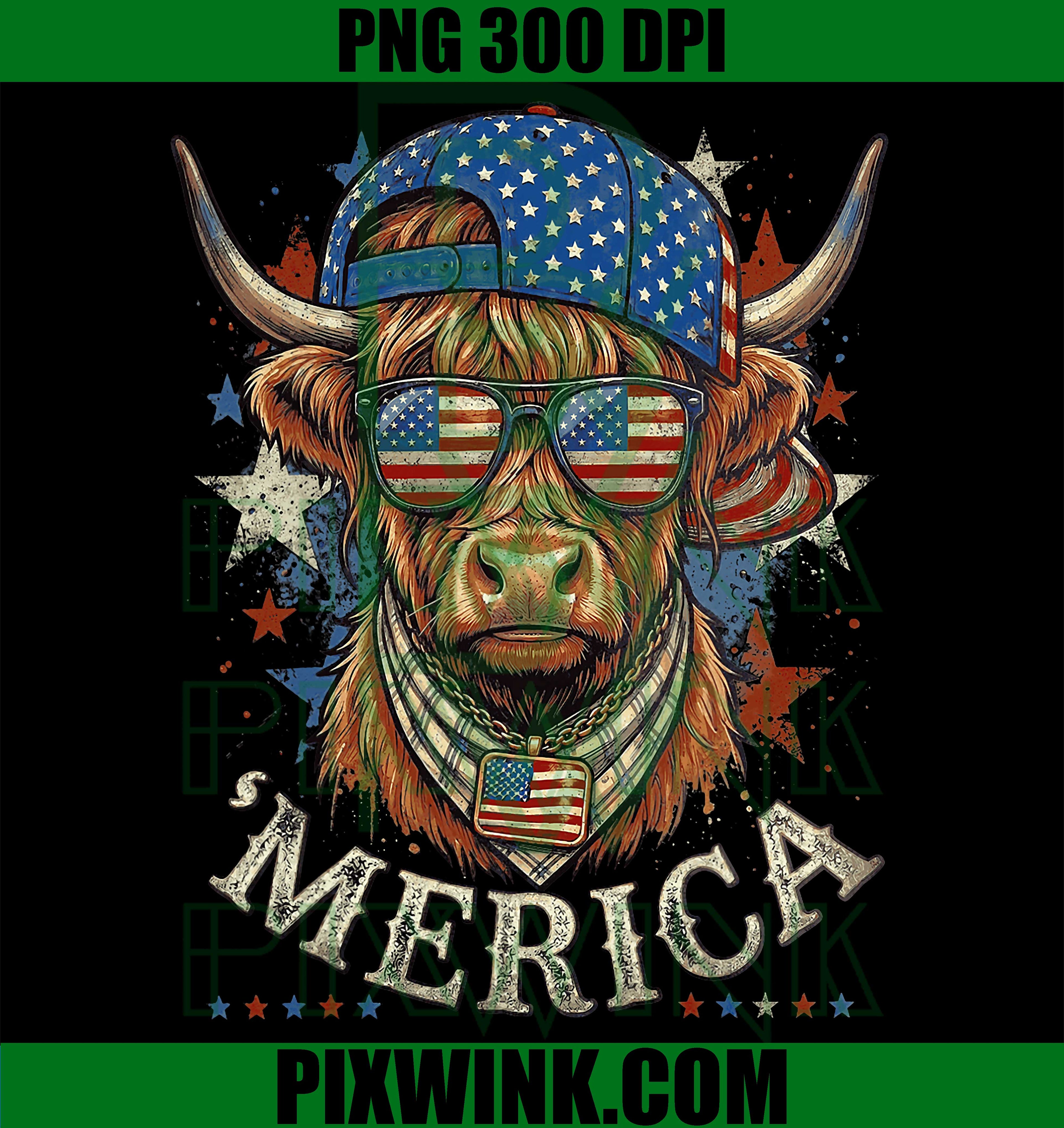 America Highland Cow PNG, 4th July Sunglasses USA PNG
