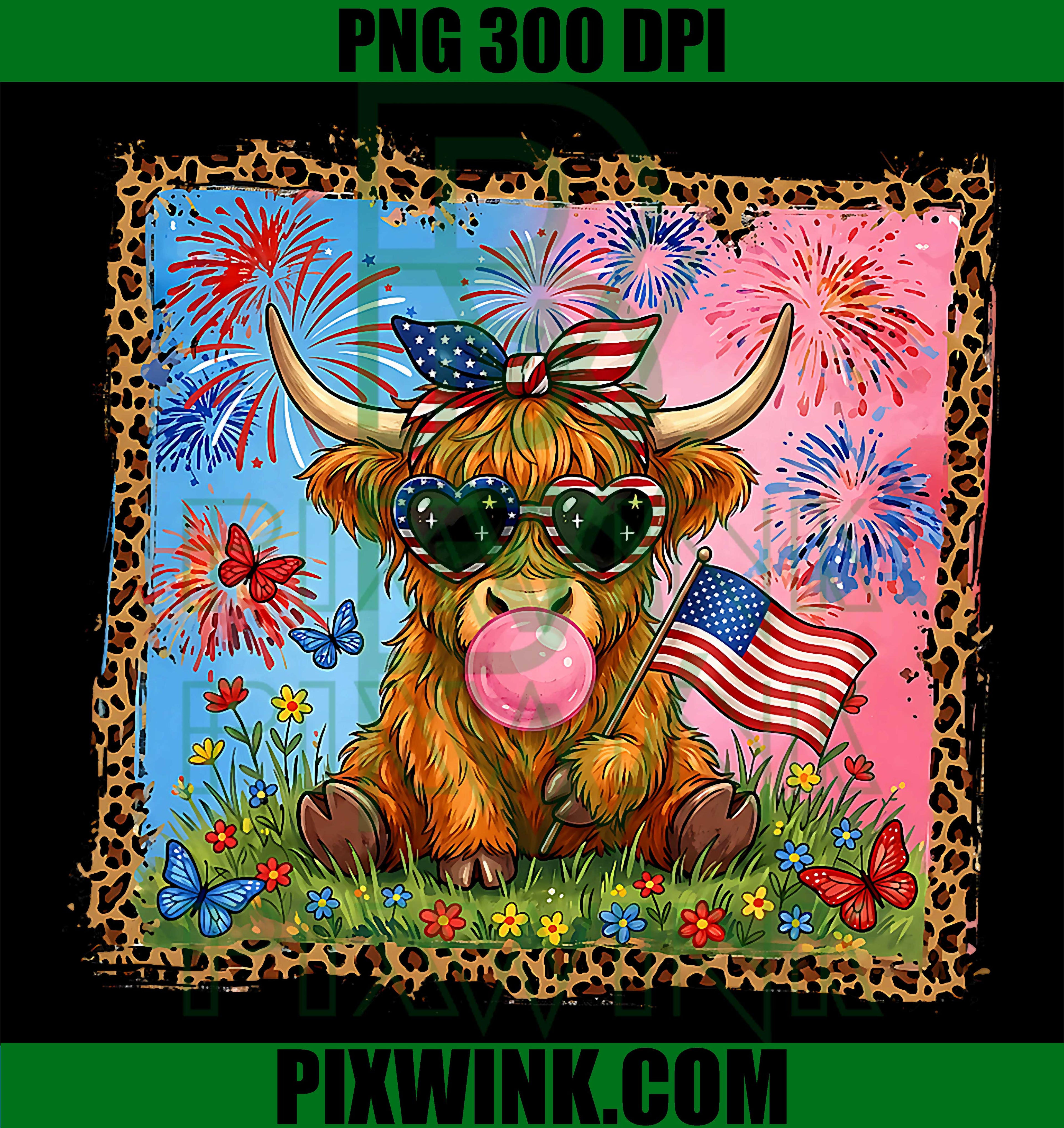 Highland Cow USA Flag PNG, Patriotic Cow 4th Of July PNG