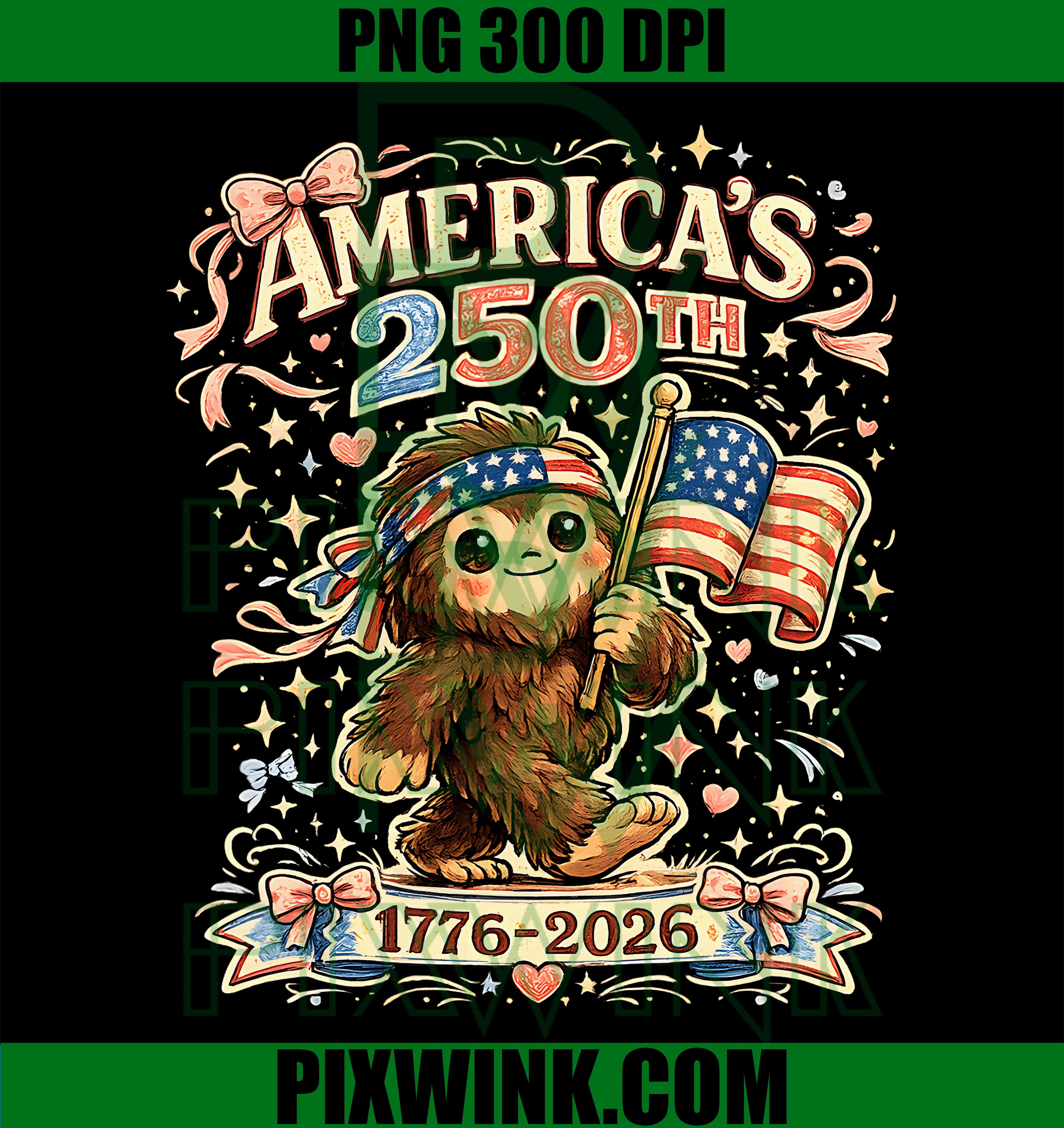 250 Years American 1776 2026 250th PNG,4th July Bigfoot Cute PNG