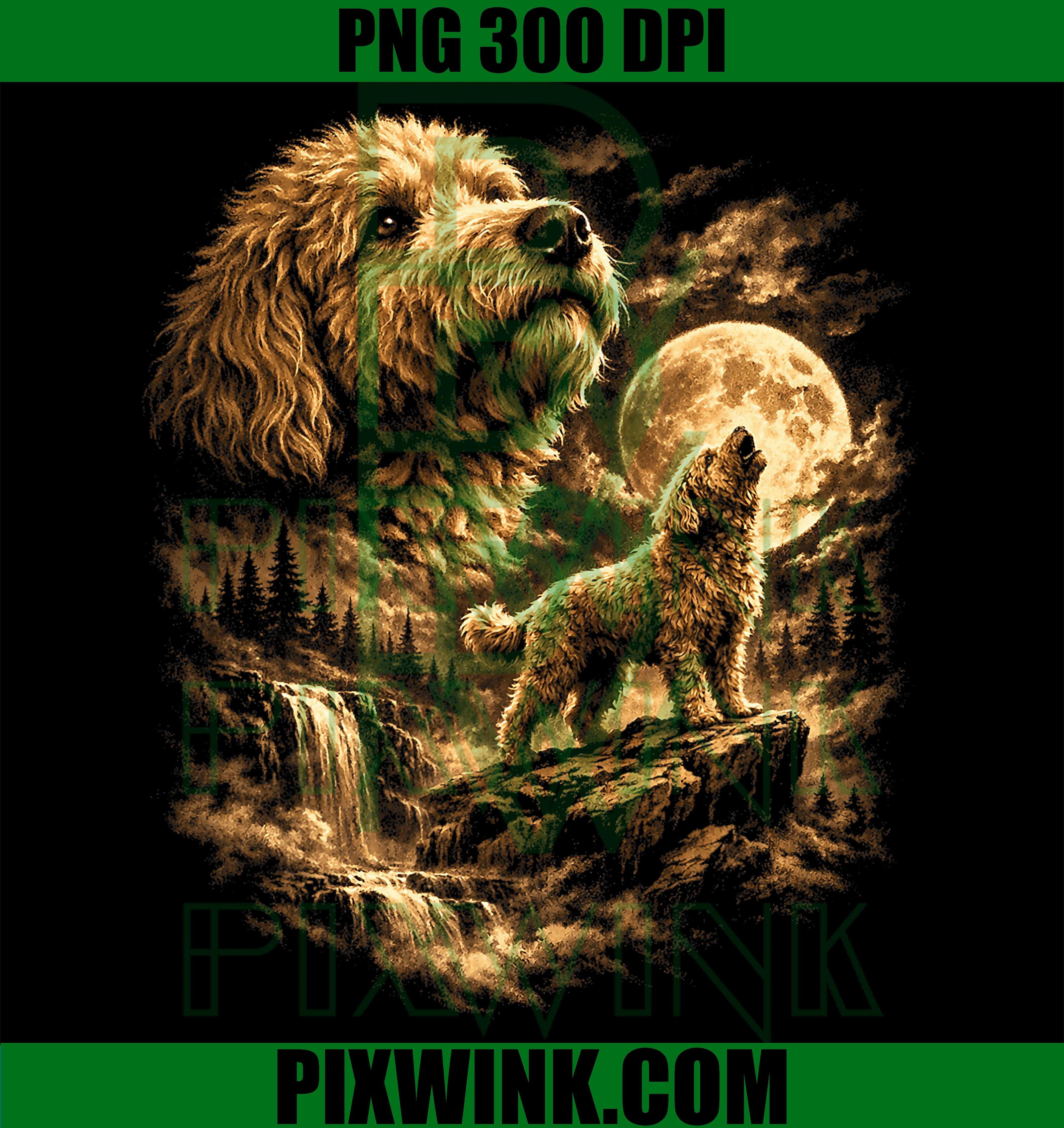 Goldendoodle Howling Moon PNG, Fantasy Forest Dog Art PNG