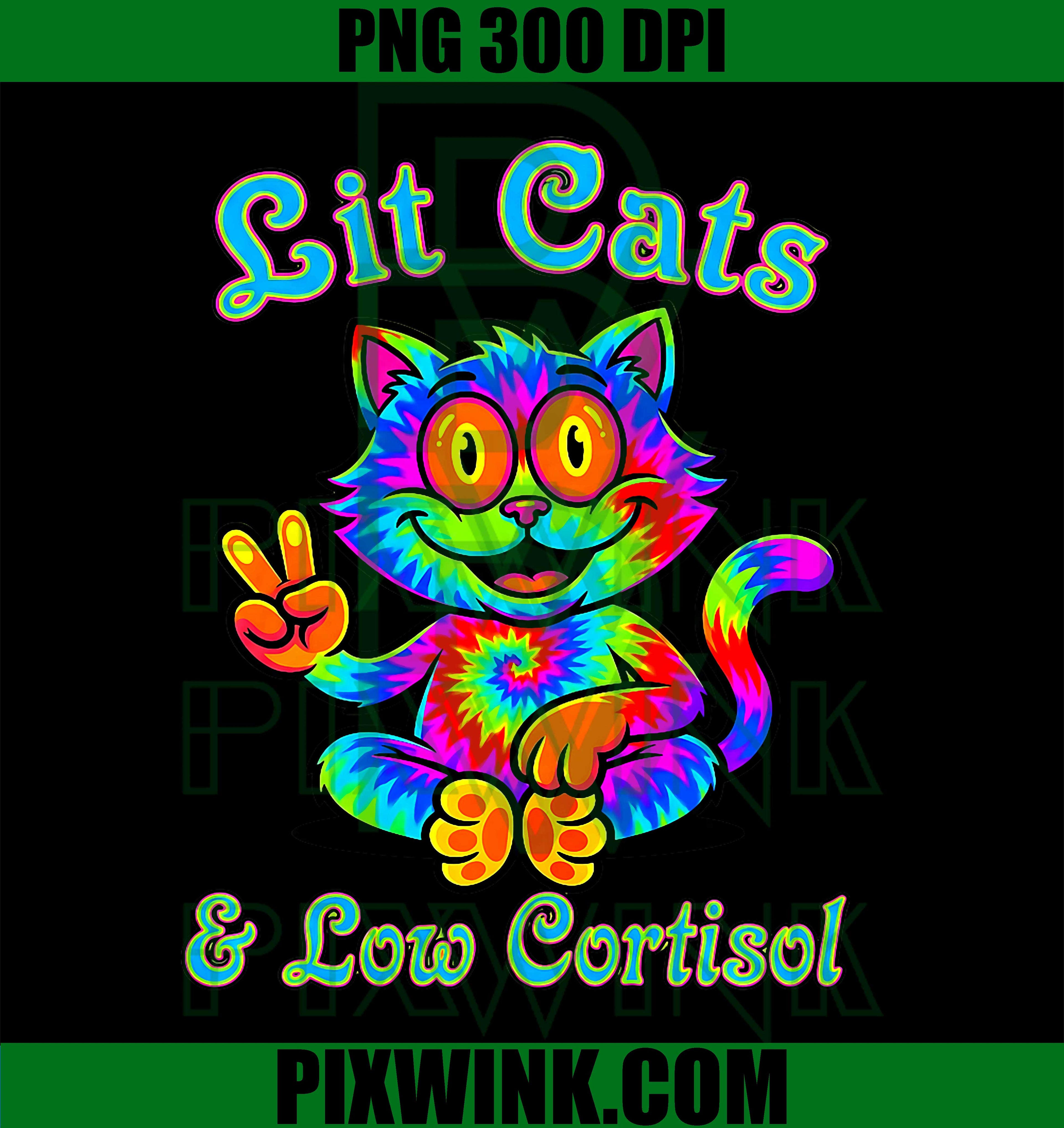 Lit Cats Low Cortisol PNG, Psychedelic Tie Dye Peace PNG, Retro Trippy Cat Design PNG