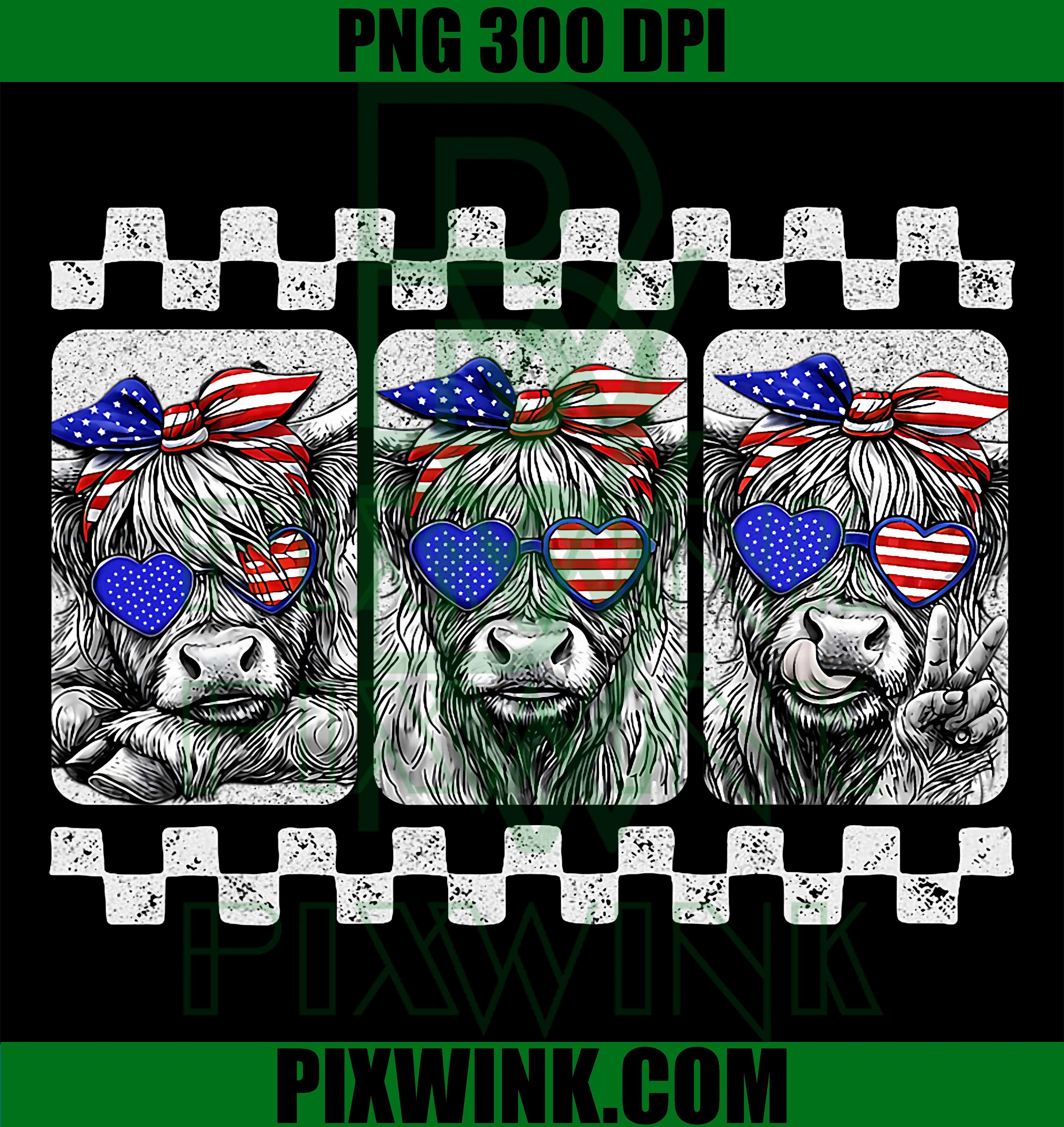Highland Cow USA Flag PNG, Cute Patriotic Cow PNG