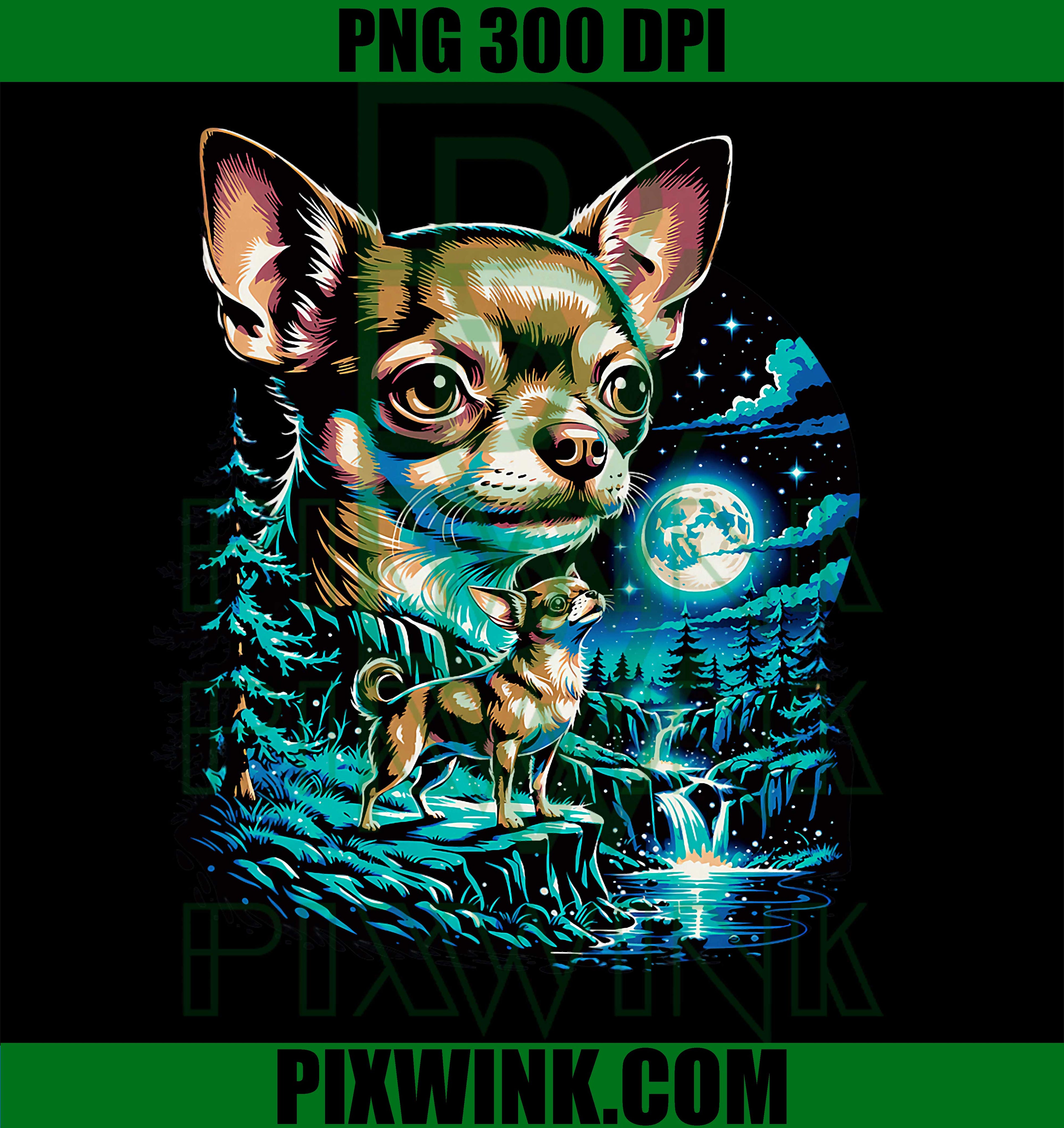 Chihuahua Full Moon Night PNG, Forest Waterfall Dog Landscape PNG