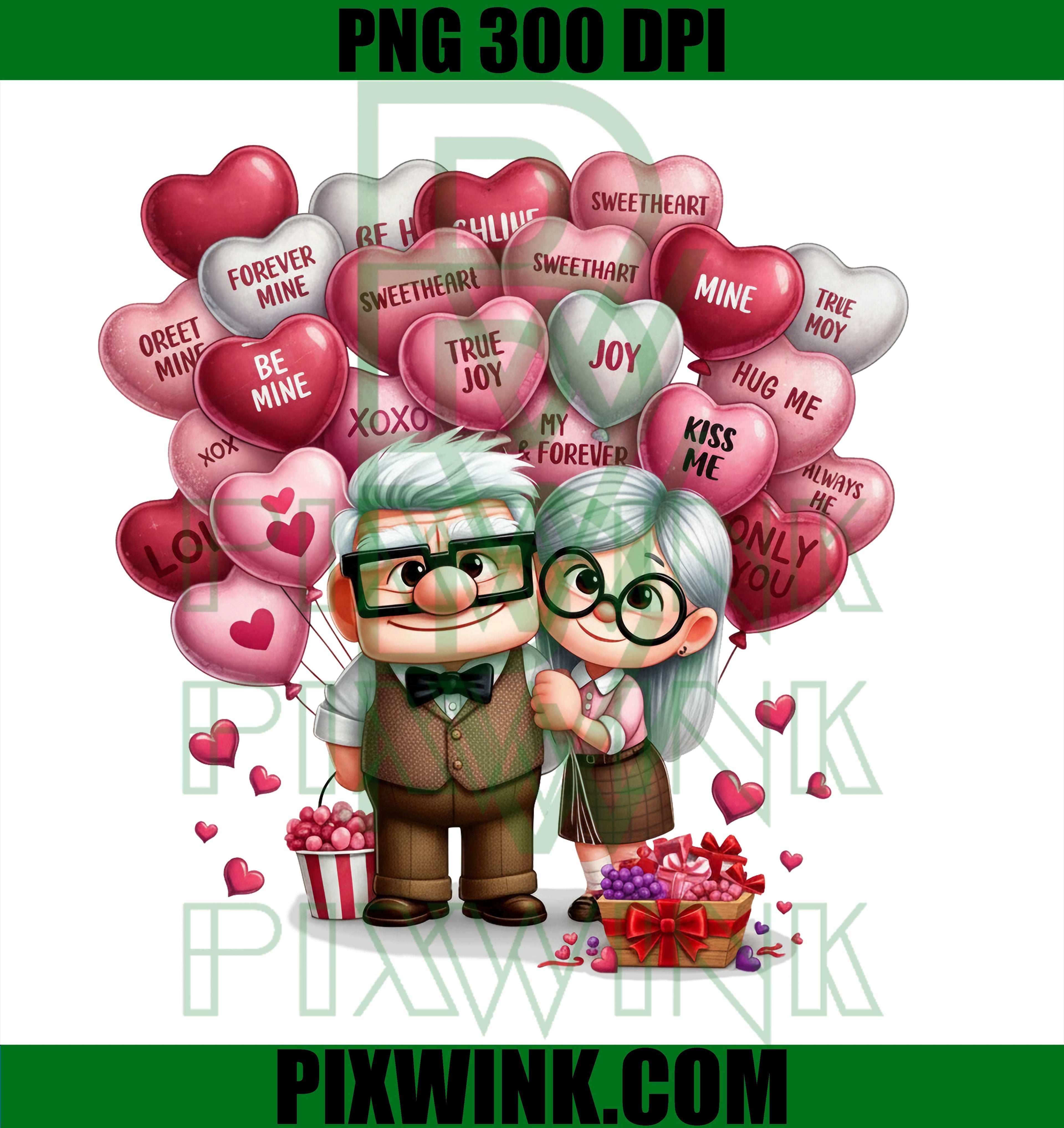 Cute Old Couple Valentine PNG Digital Art with Lovely Heart Balloons