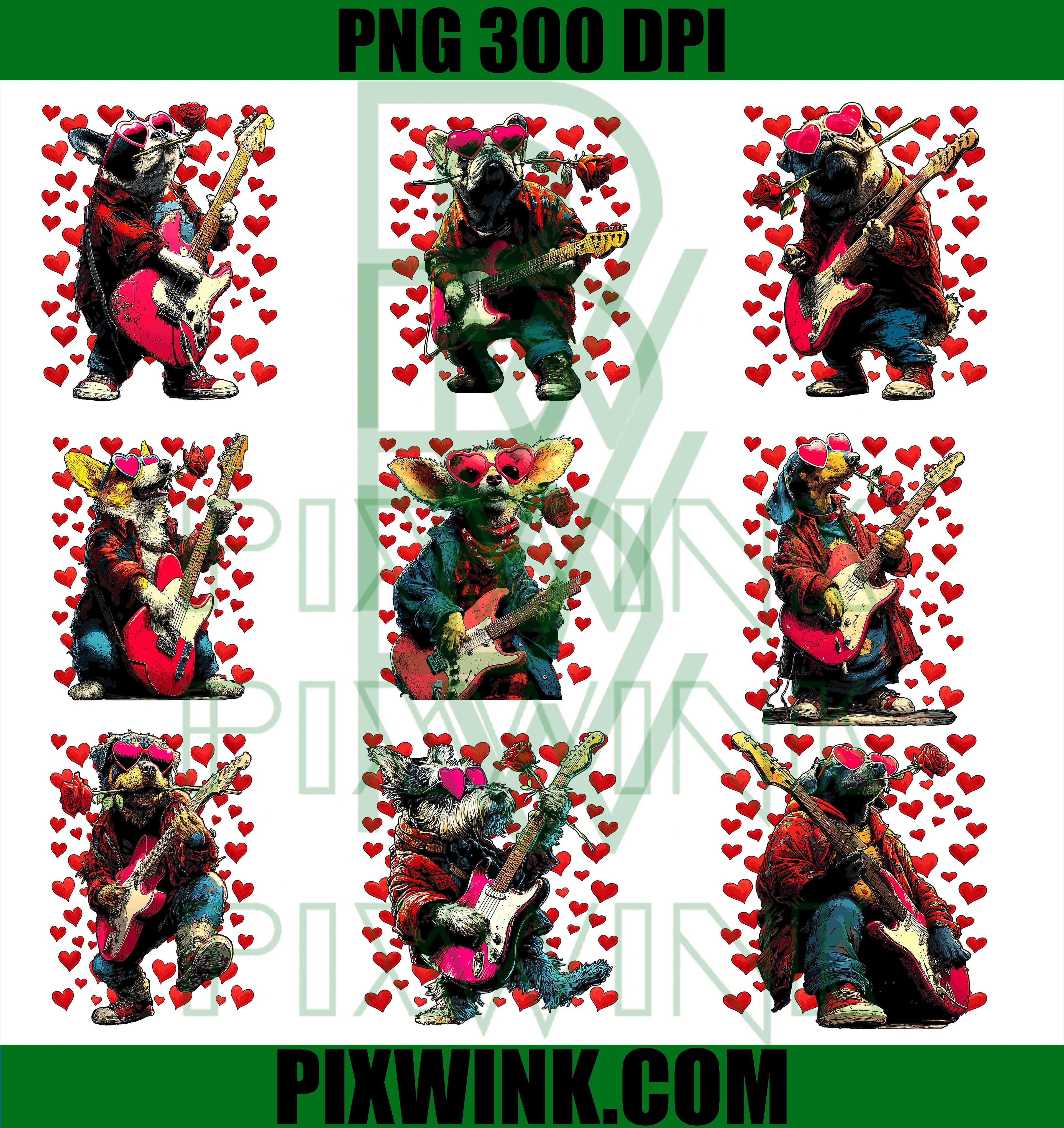 Funny Rock Dog Bundle PNG, Valentine Guitar Puppy Art, Transparent PNG
