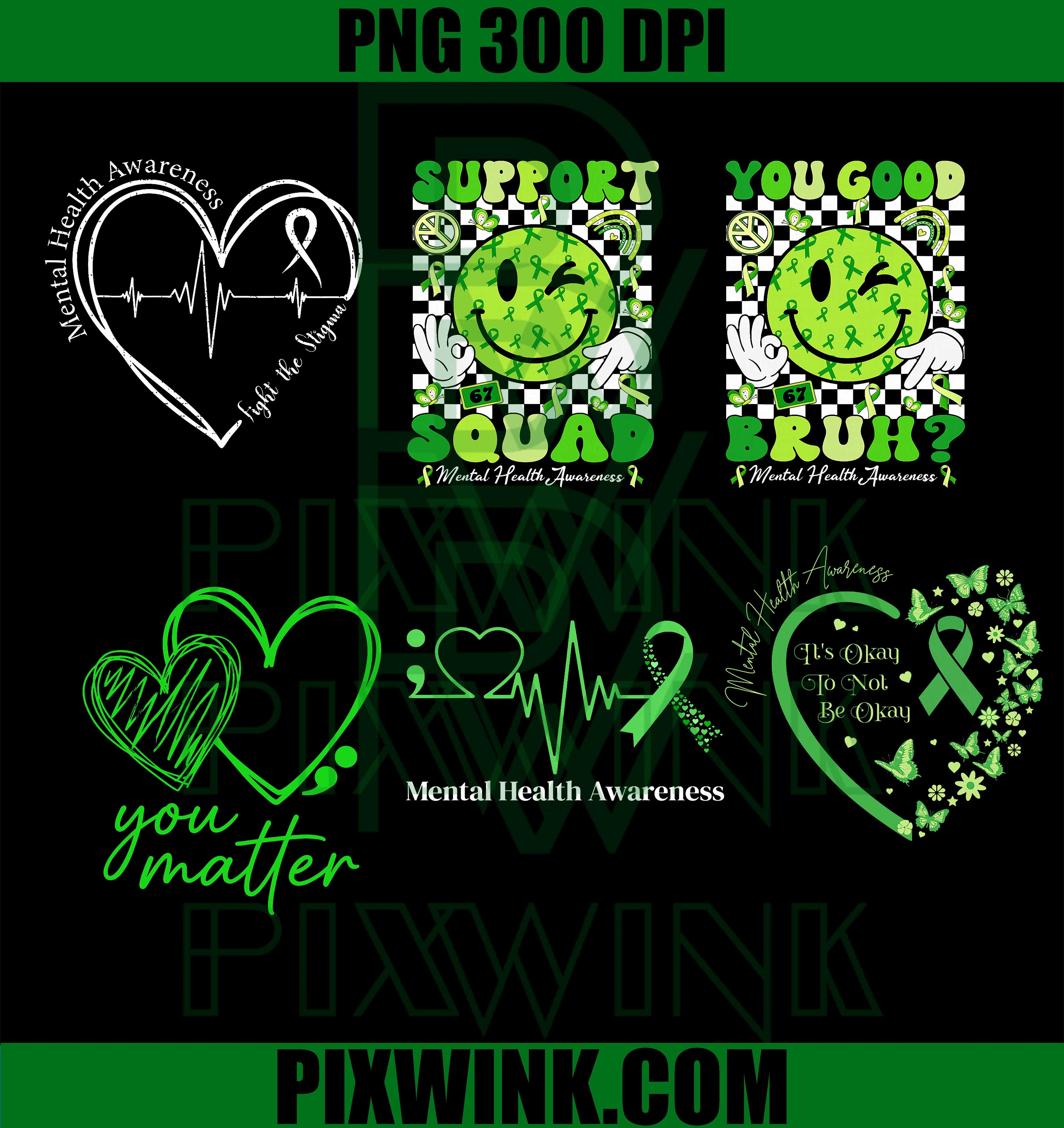 
Mental Health Awareness Bundle PNG, Support Squad Green Ribbon PNG