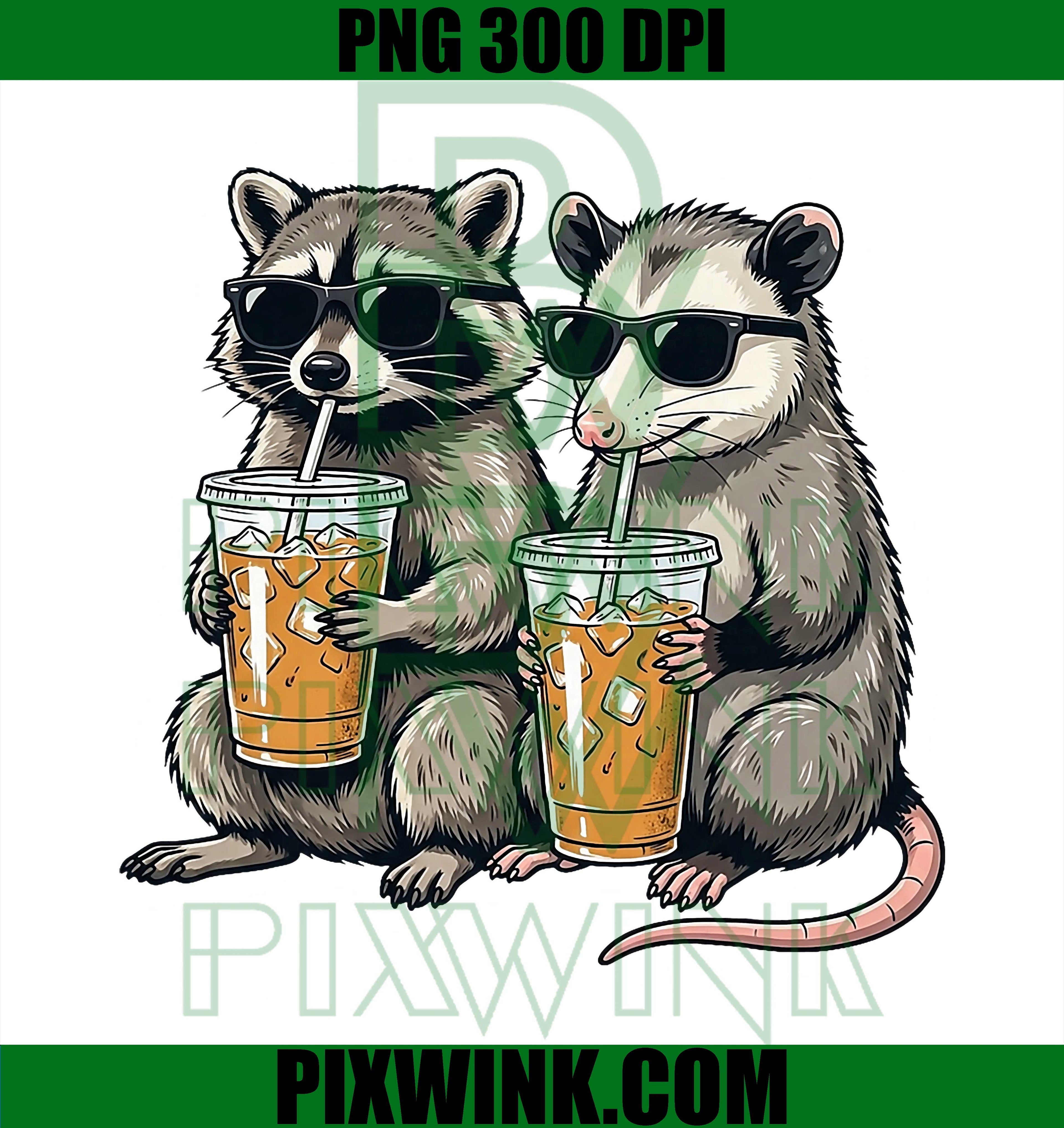 Funny Raccoon Opossum Sunglasses PNG, Iced Coffee Animal Meme PNG