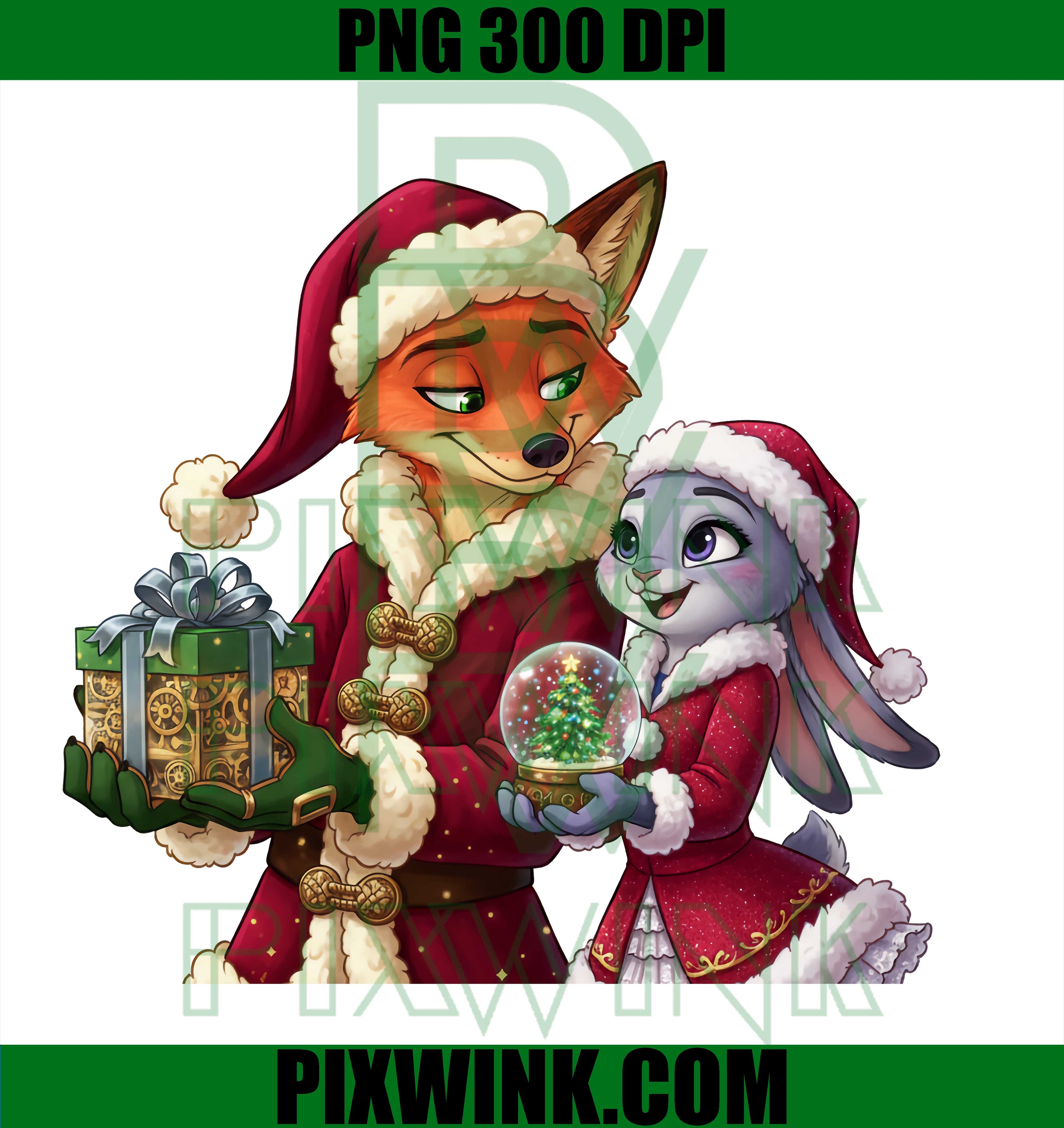 Nick Wilde and Judy Hopps Christmas PNG 300 DPI Cute Snow Globe Scene
