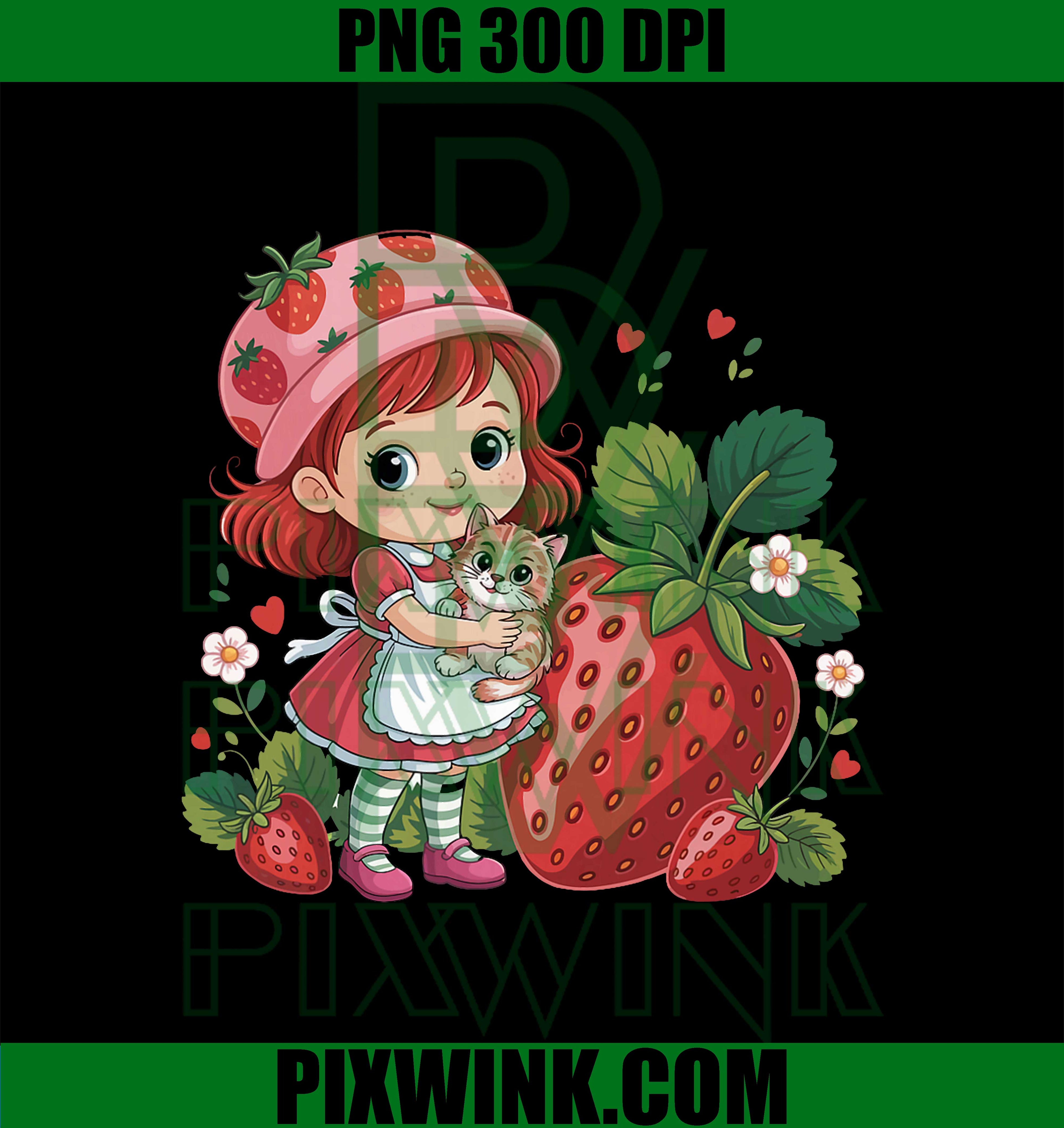 Cute Strawberry Girl with Cat PNG, Adorable Fruit Lovers PNG