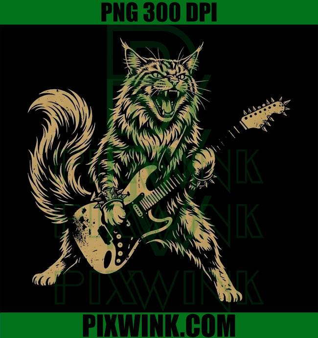 Maine Coon Guitar Cat PNG, Rock Star Music Cat Design PNG