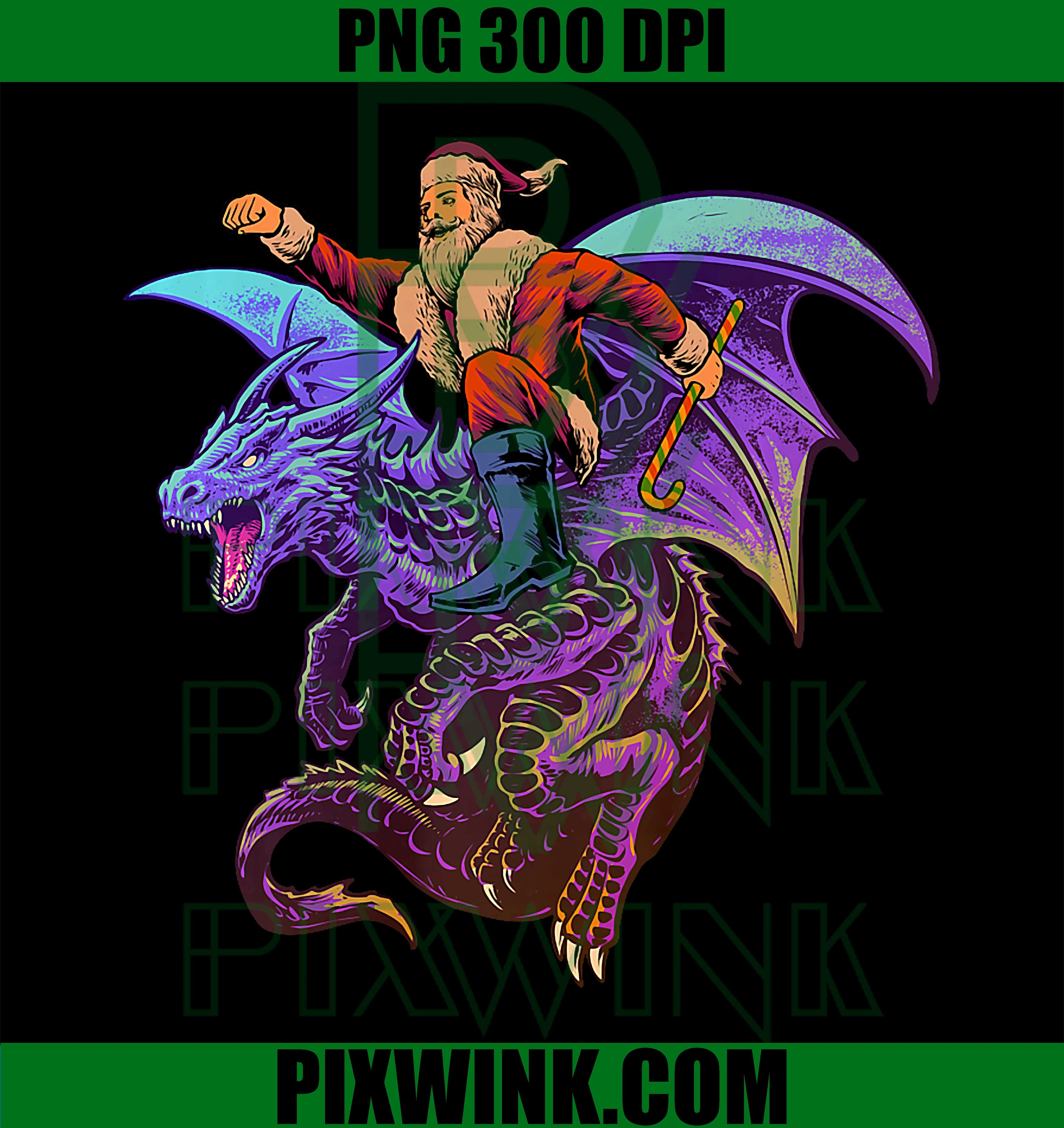 Cool Santa Riding Flying Dragon Christmas Illustration PNG