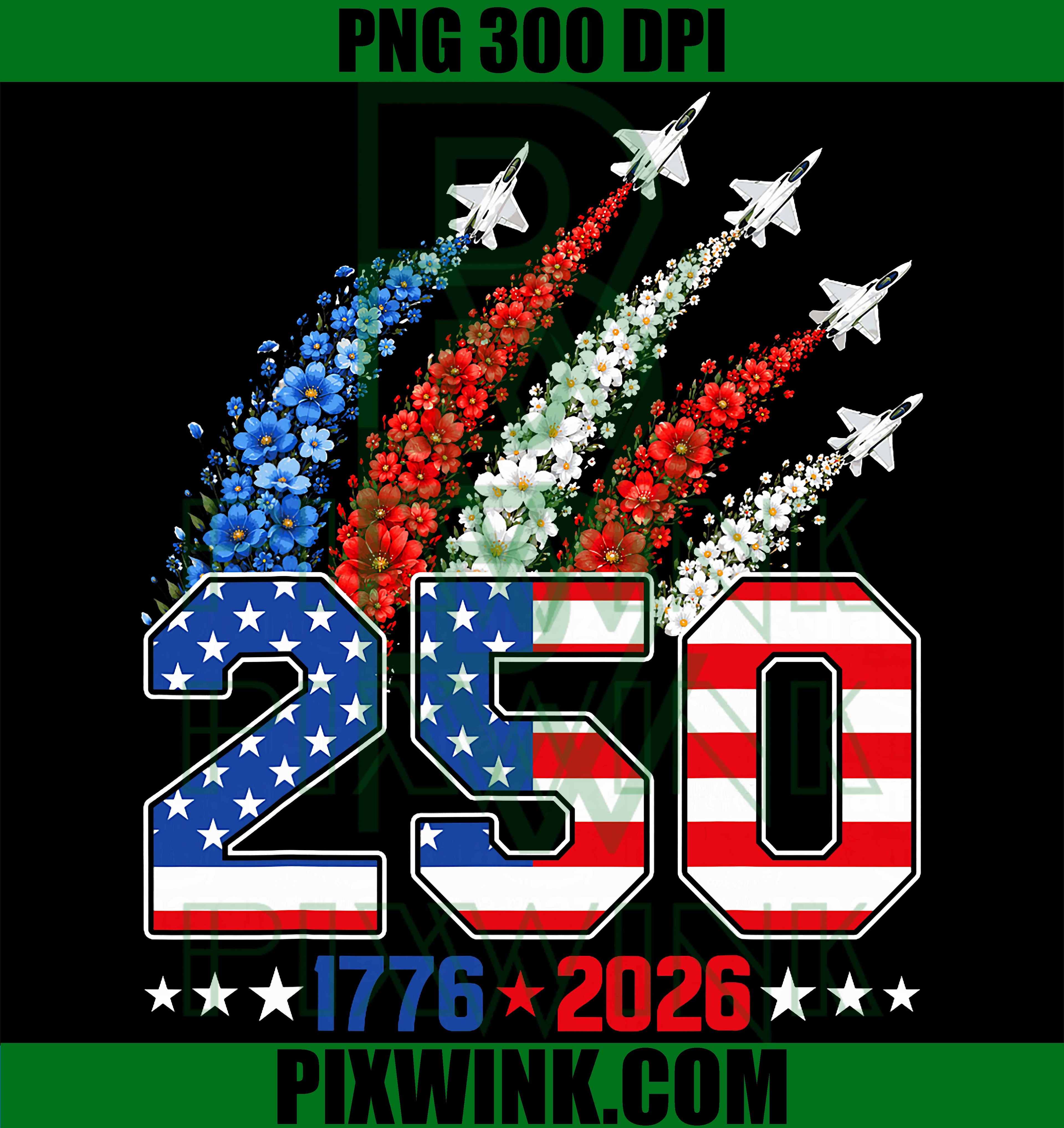 250 America Years Fighter Jets PNG, Floral USA Flag Patriotic 4th of July PNG