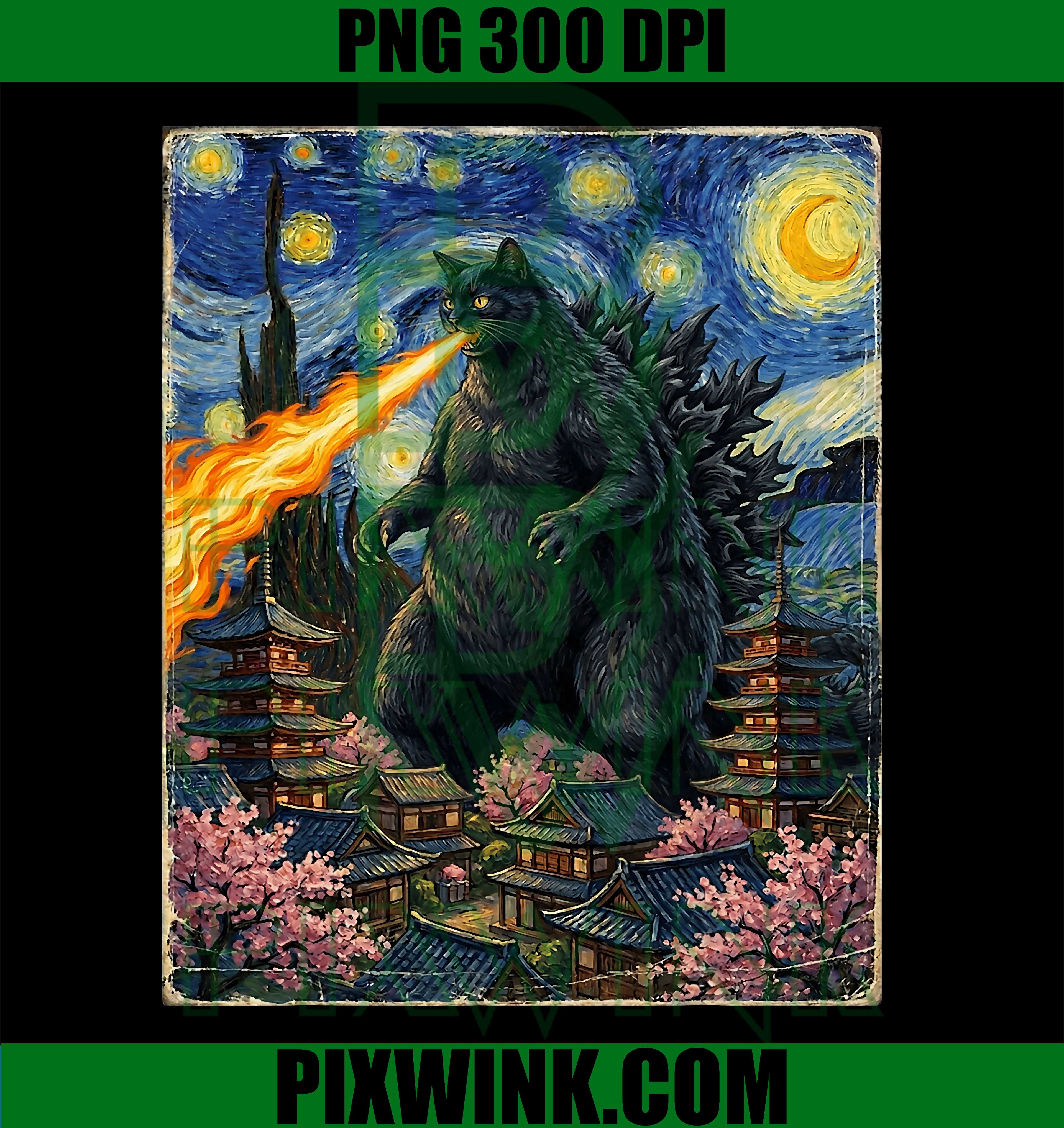 Catzilla Starry Night Kaiju PNG, Japanese Cat Art Retro Design PNG