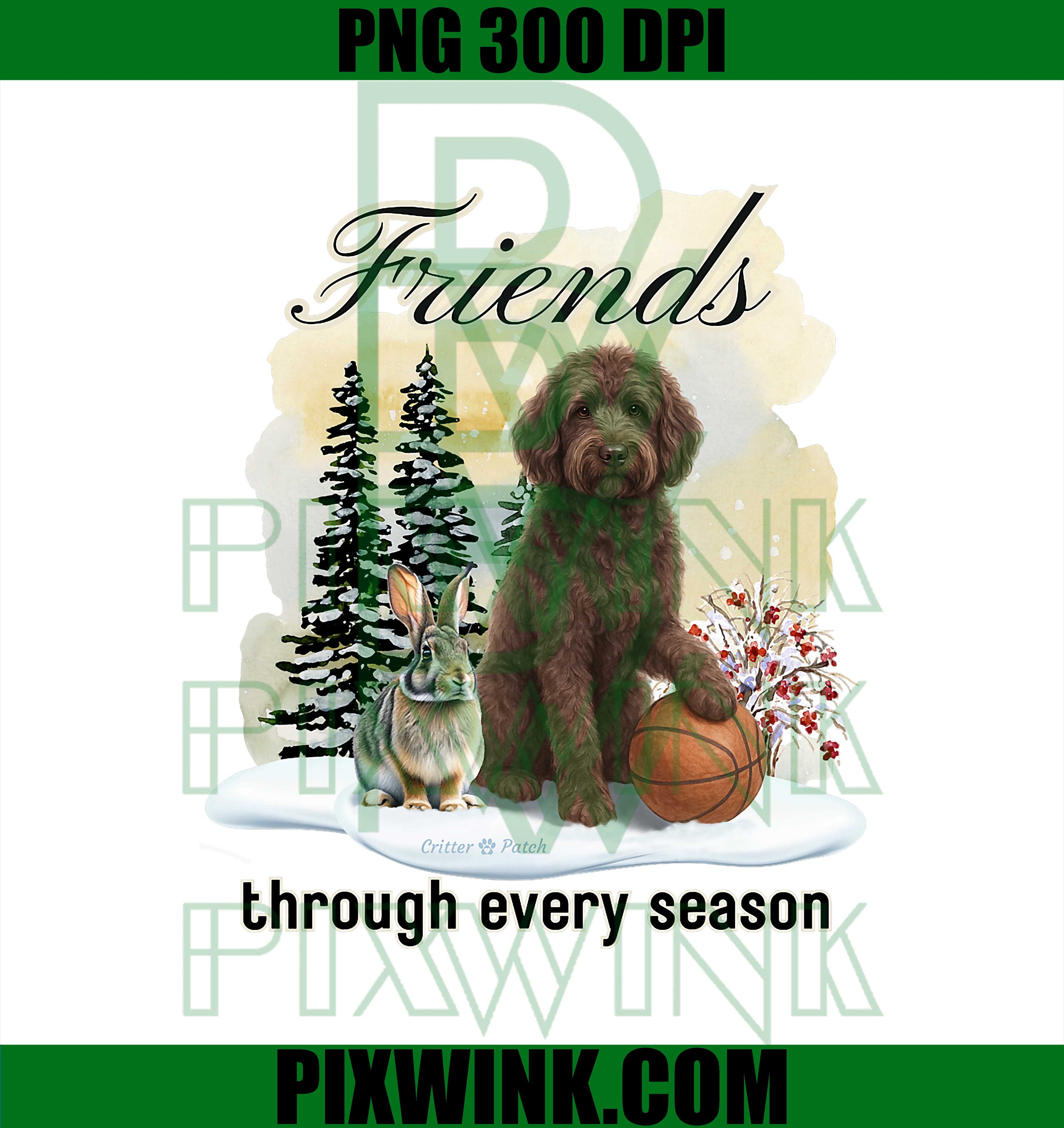 Chocolate Goldendoodle and Friend in Winter Snow Scene PNG