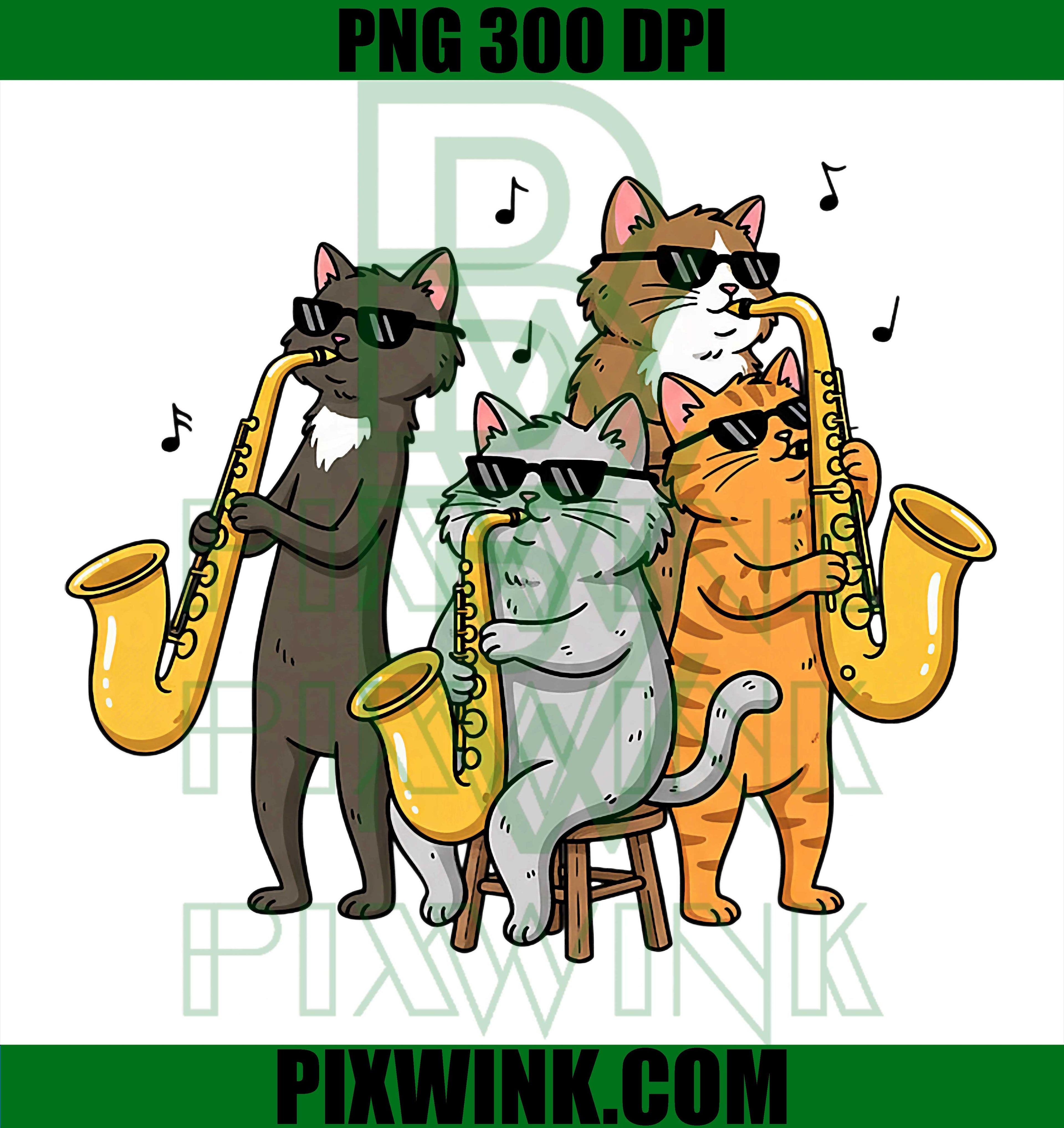 Jazz Saxophone Cats PNG, Cartoon Music Cats PNG, Saxophone Cat Band PNG