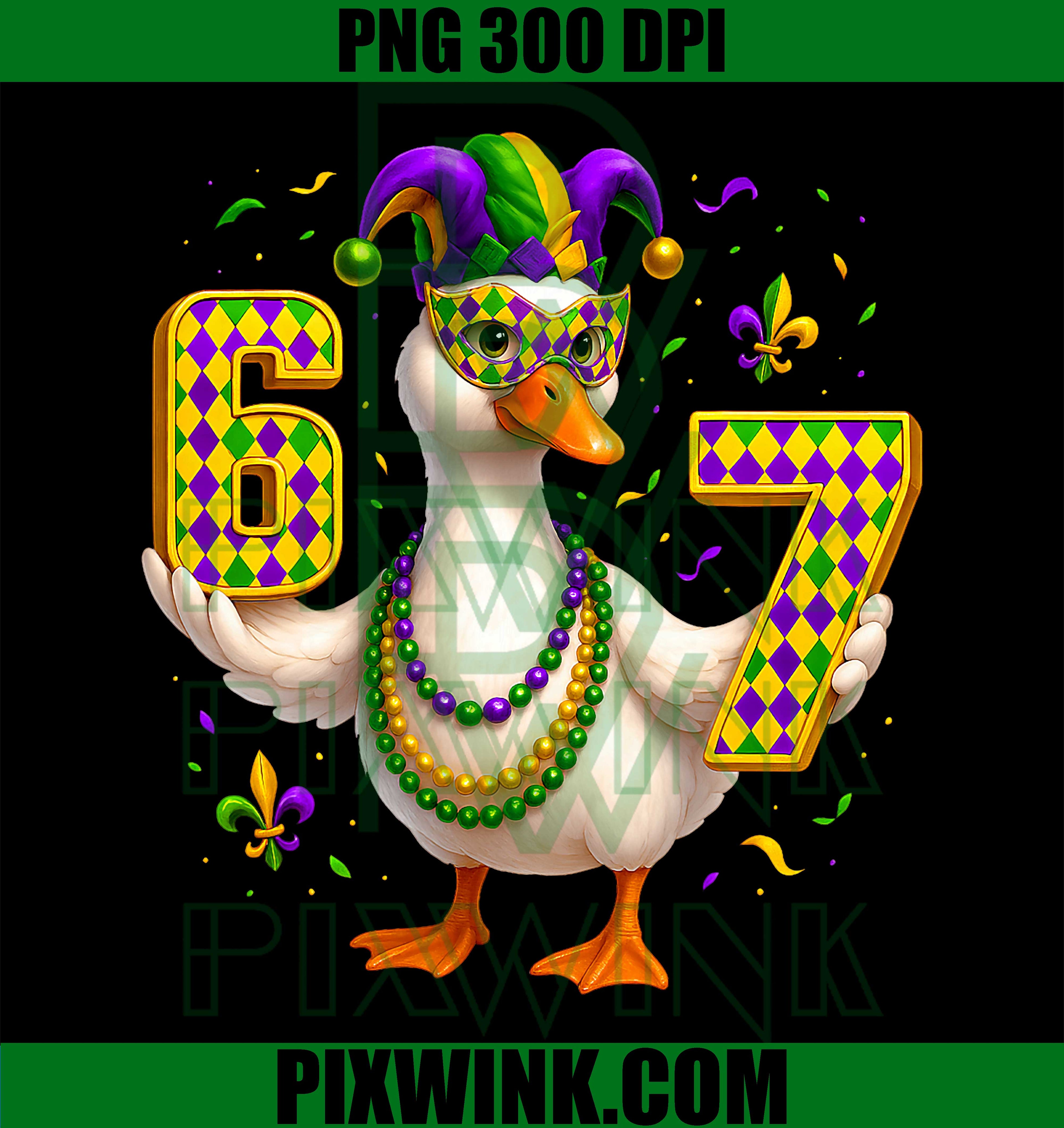 Six Seven 67 Meme Goose with Jester Hat & Beads Mardi Gras PNG