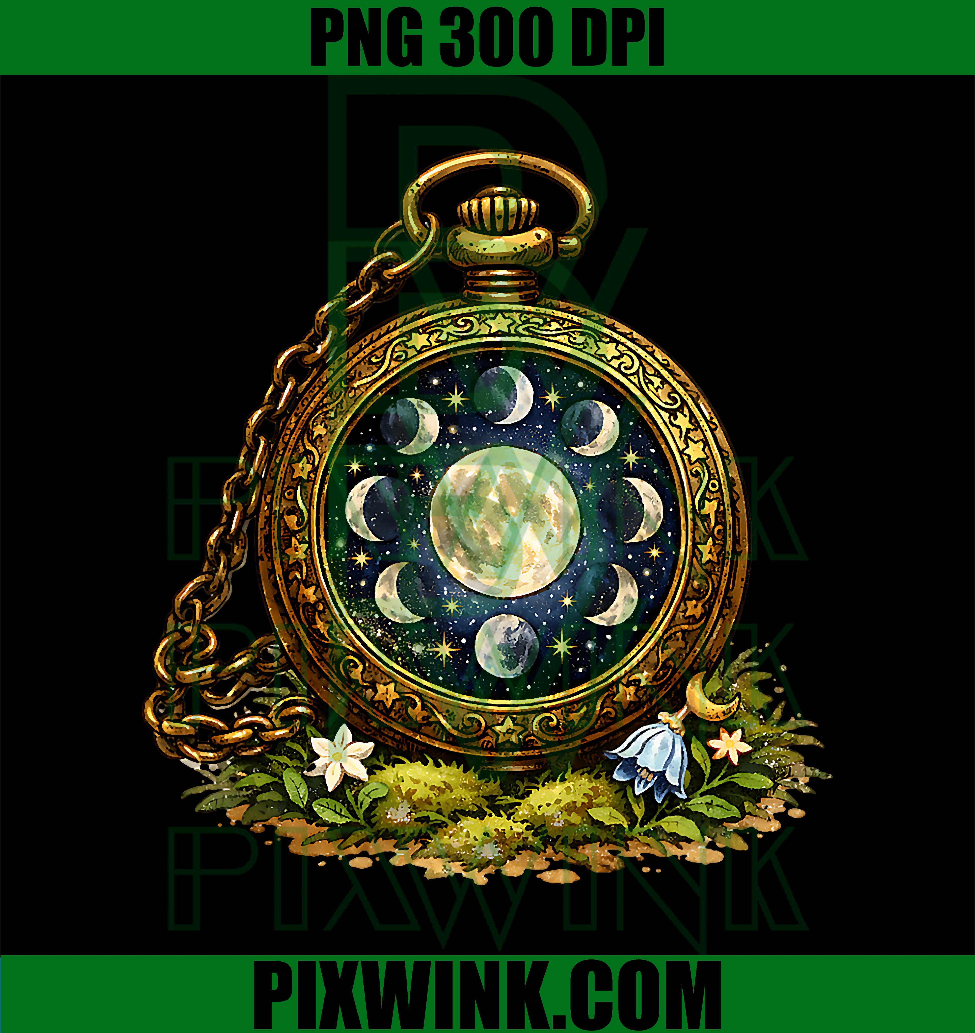 Fairycore Moon Phase PNG, Celestial Pocket Watch Witchy PNG
