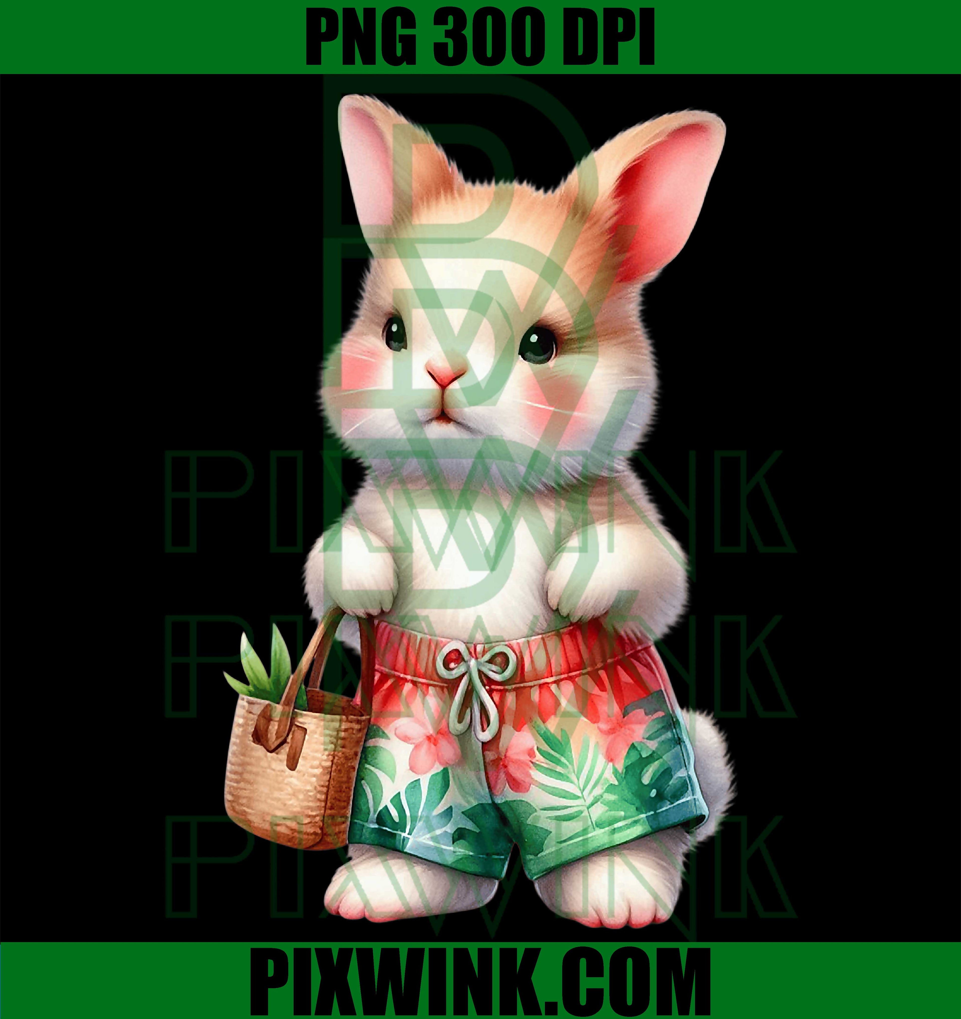 Cute Bunny Tropical Swim Shorts PNG, Summer Vacation Bunny Design PNG