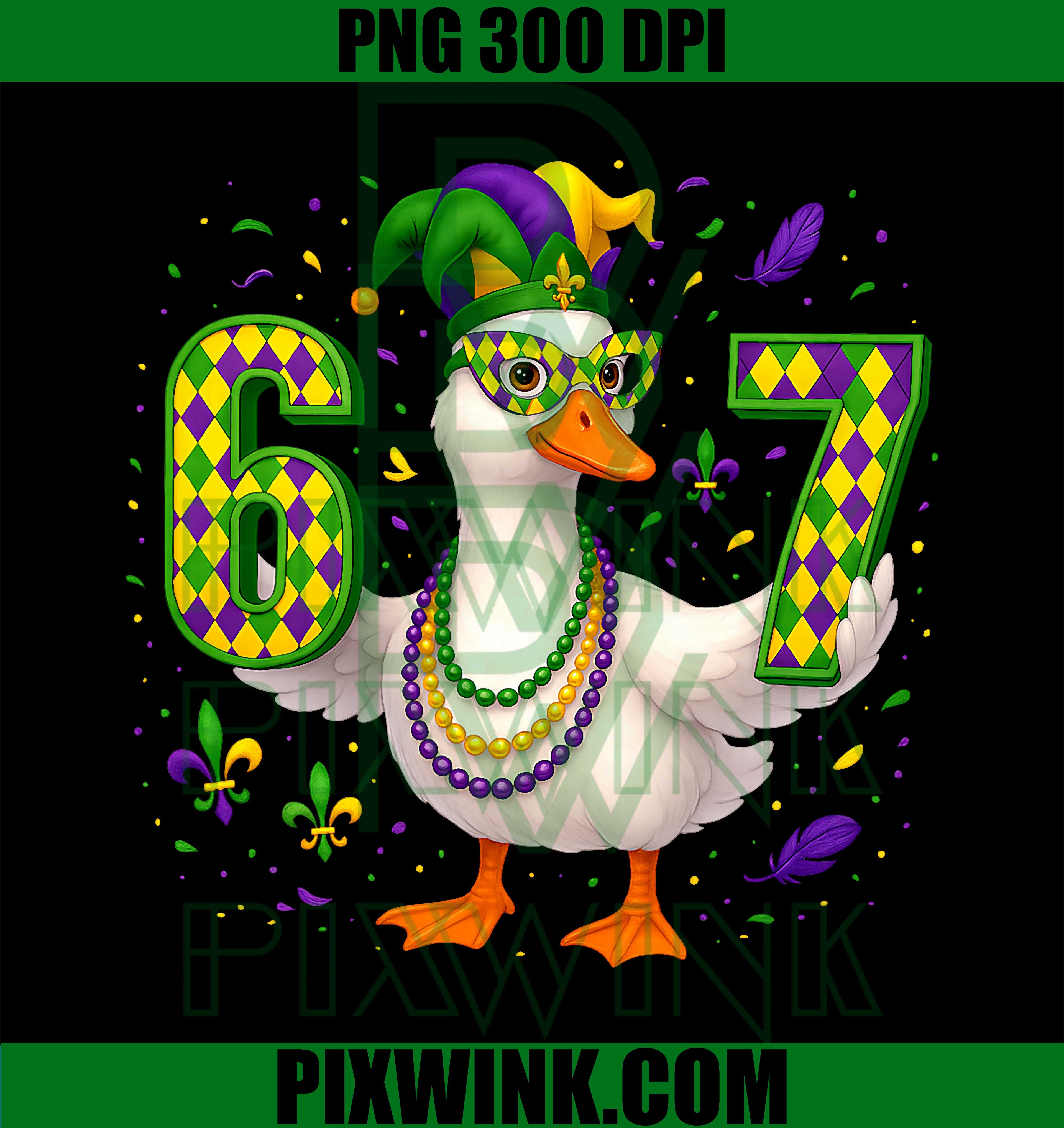 Six Seven 67 Meme Goose with Jester Hat & Beads Mardi Gras PNG