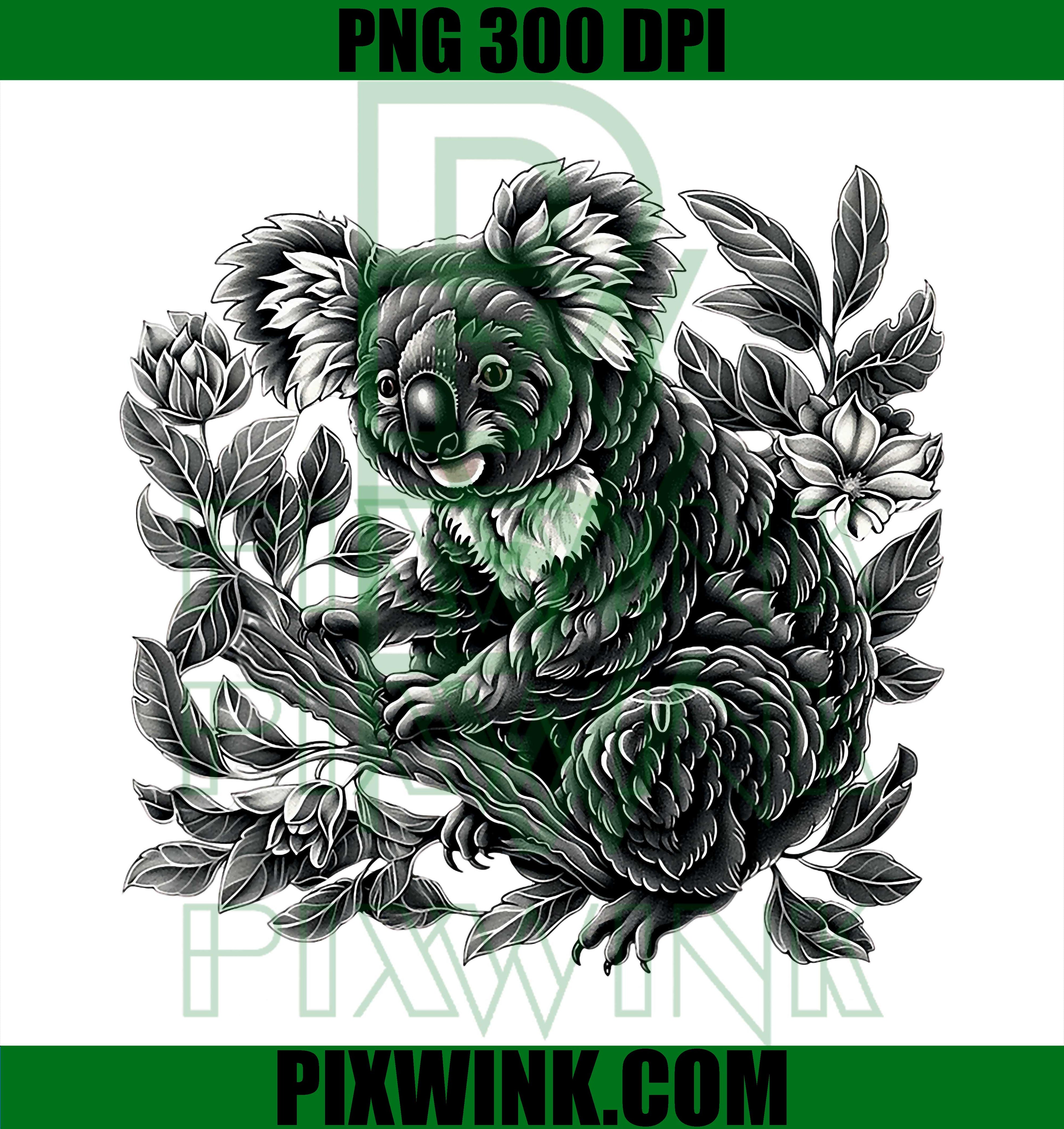 Calm Koala on Tree Branch PNG, Vintage Engraving Animal Illustration
