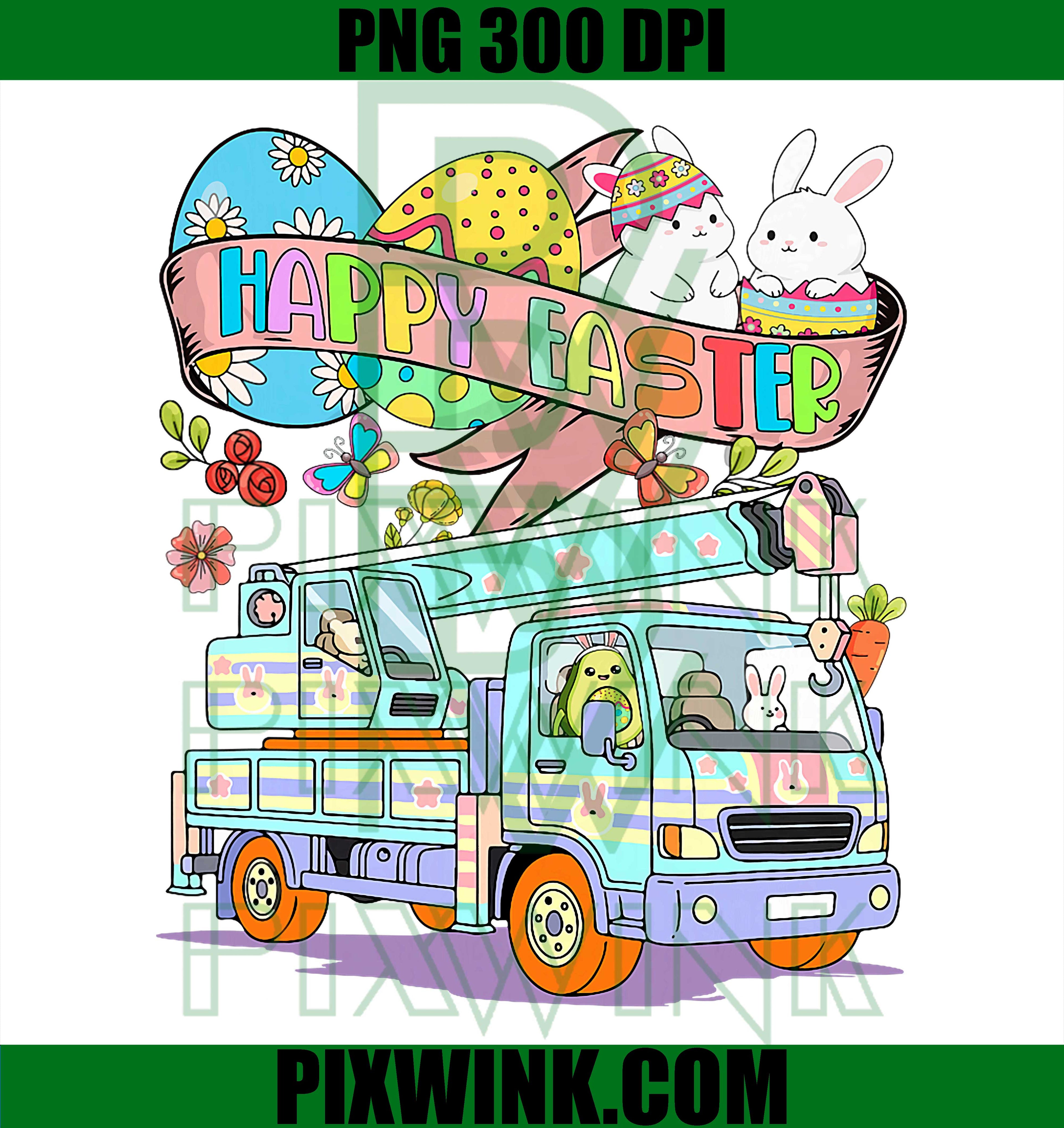 Happy Easter Bunny Avocado Crane Truck PNG, Funny Easter Eggs Construction Graphic PNG