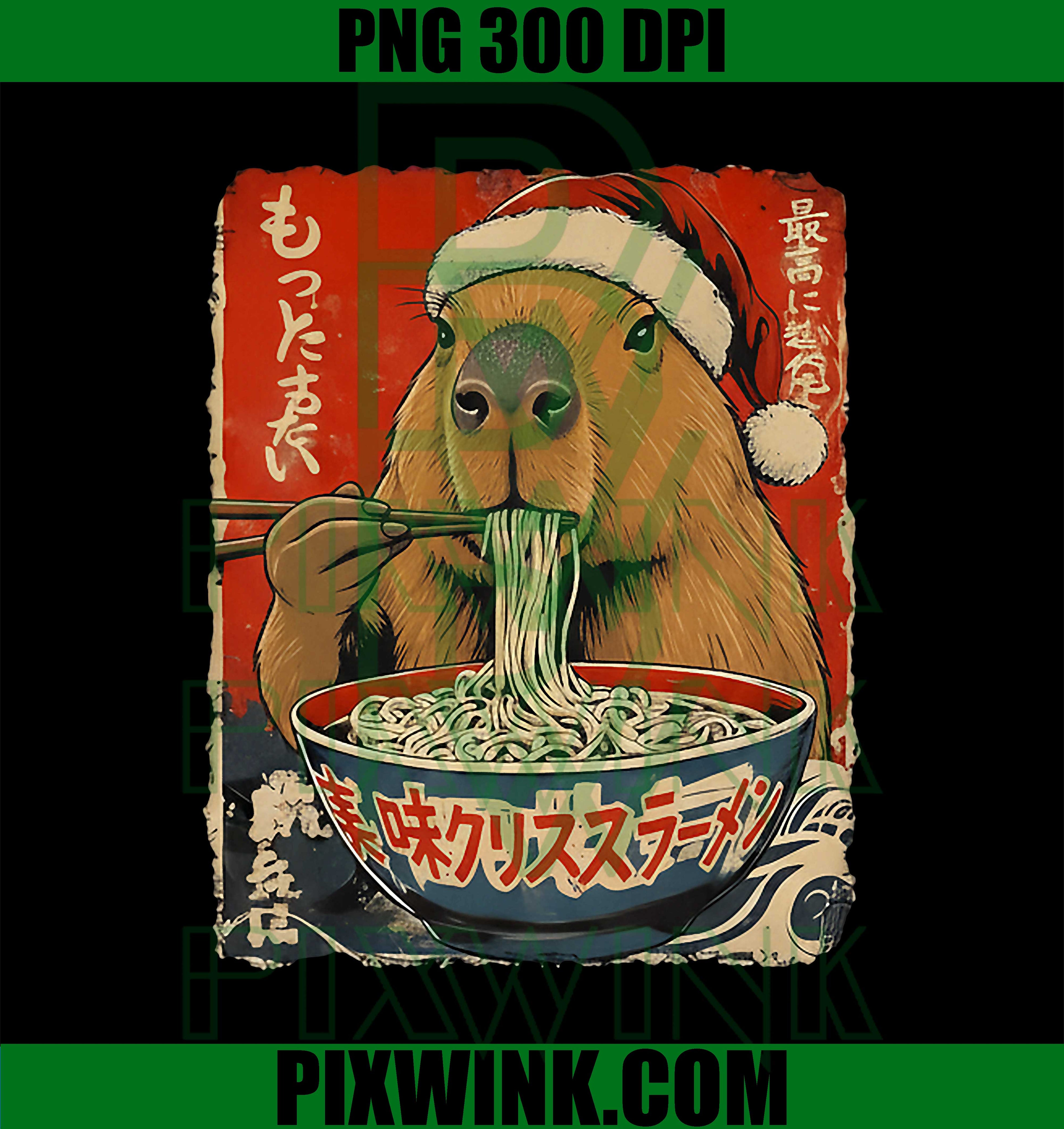 Capybara Eating Ramen Noodles Ukiyo-e Inspired Christmas PNG