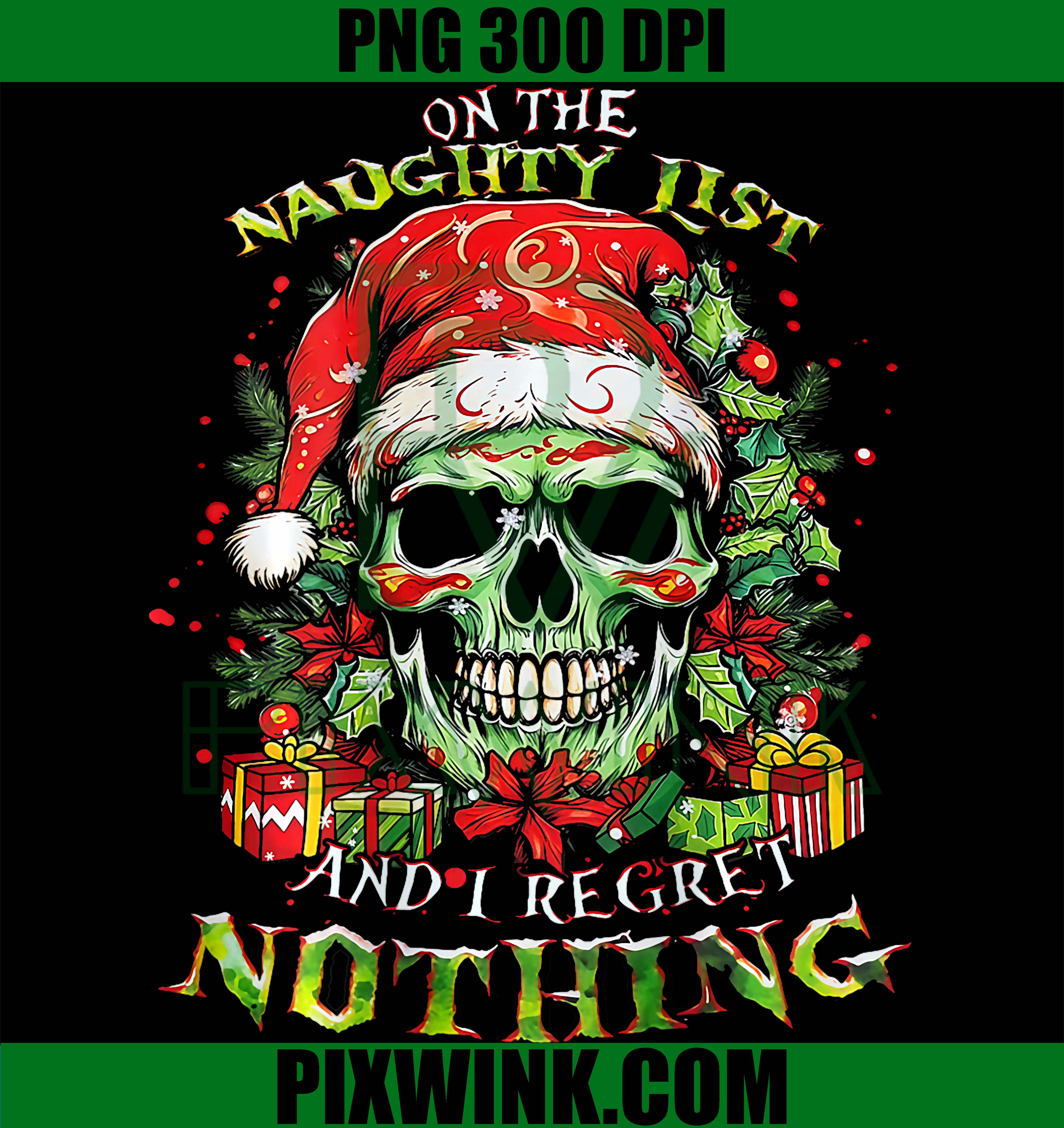 Naughty List Christmas Skull PNG ,Dark Humor Santa Skull PNG