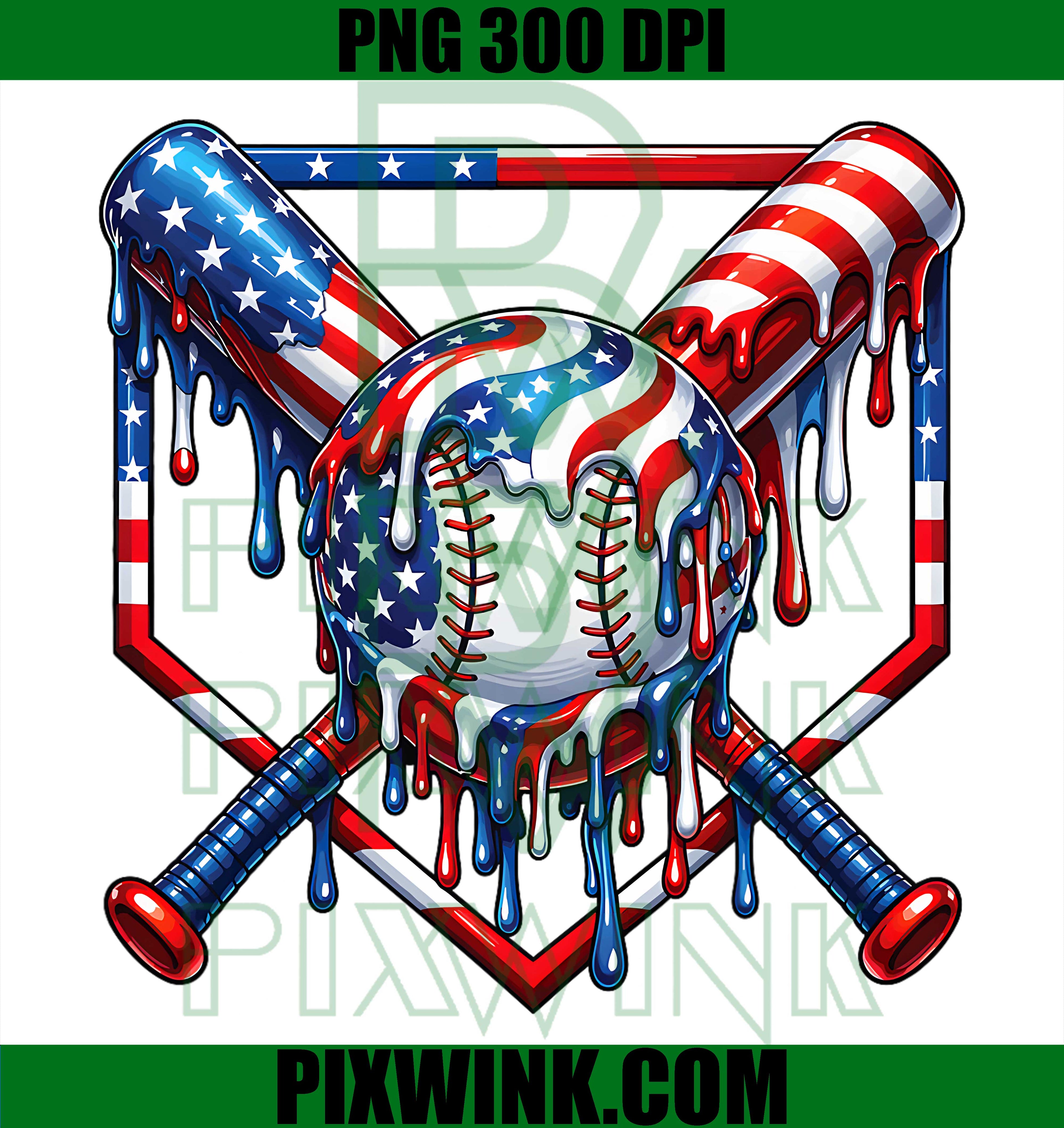 Baseball Drip USA Flag Retro PNG,4th July Patriotic America PNG