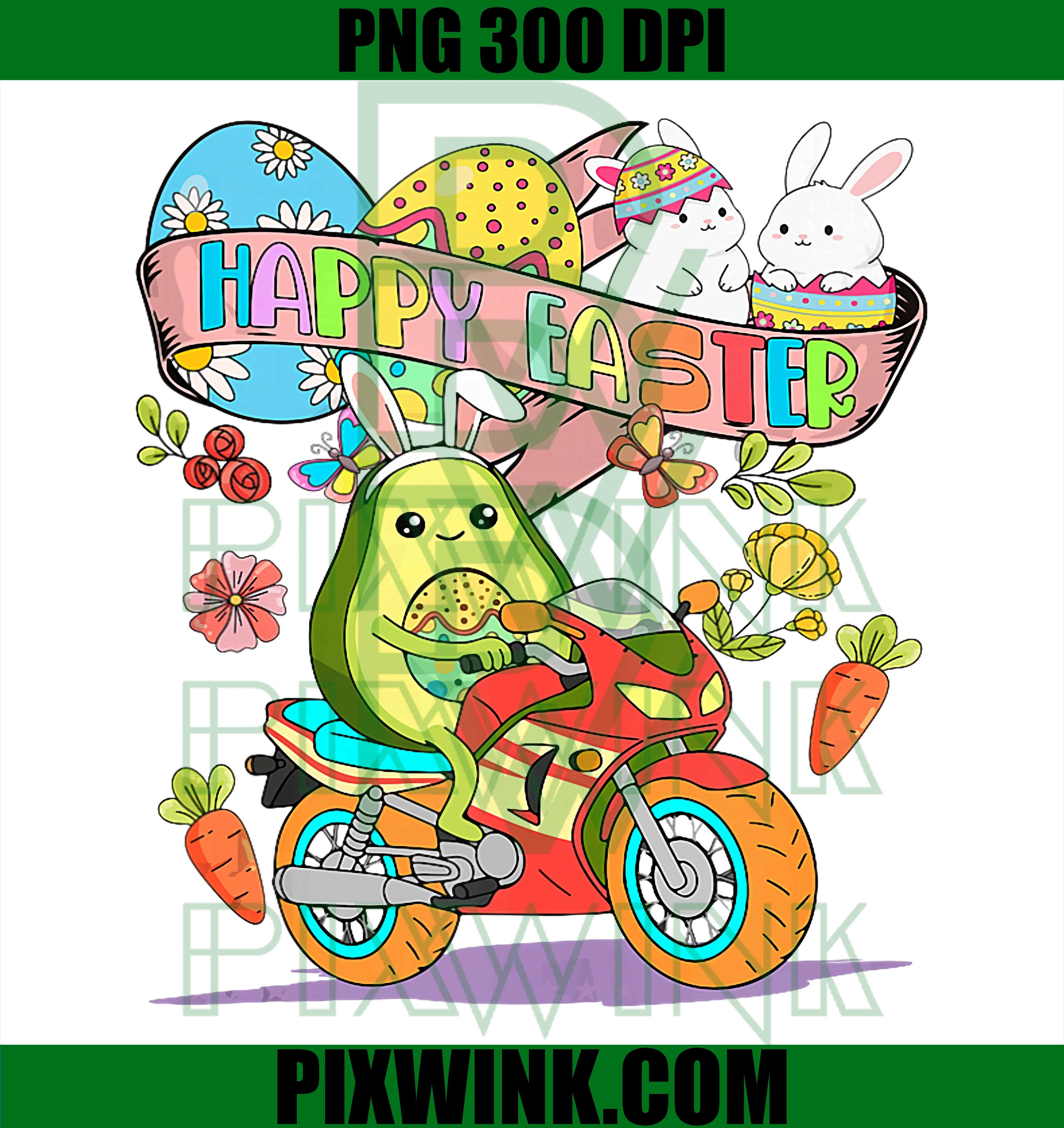 Happy Easter Bunny Avocado Motorbike PNG, Funny Easter Eggs Riding Graphic PNG