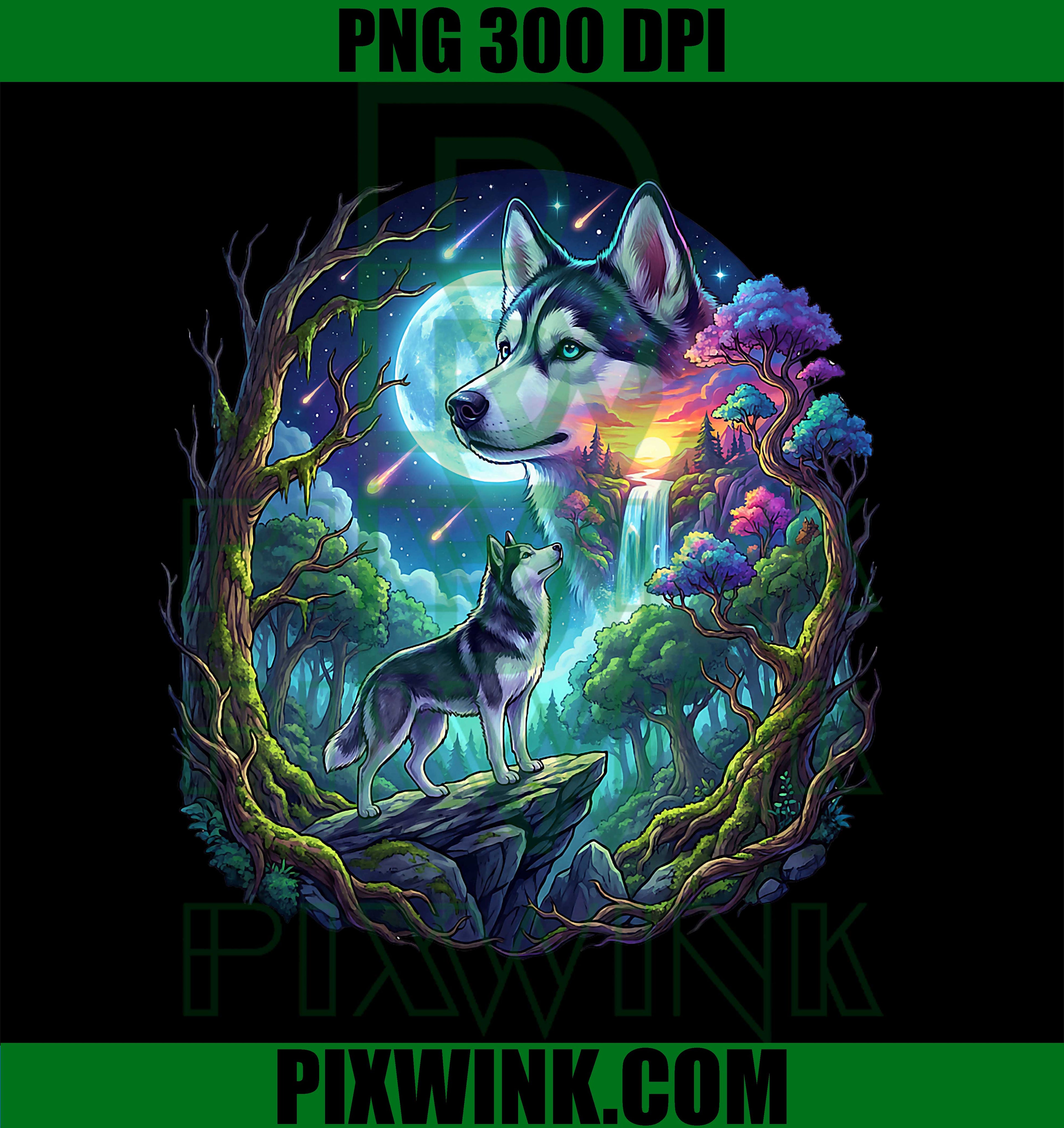 Fantasy Husky Moon PNG, Mystical Night Forest Dog PNG