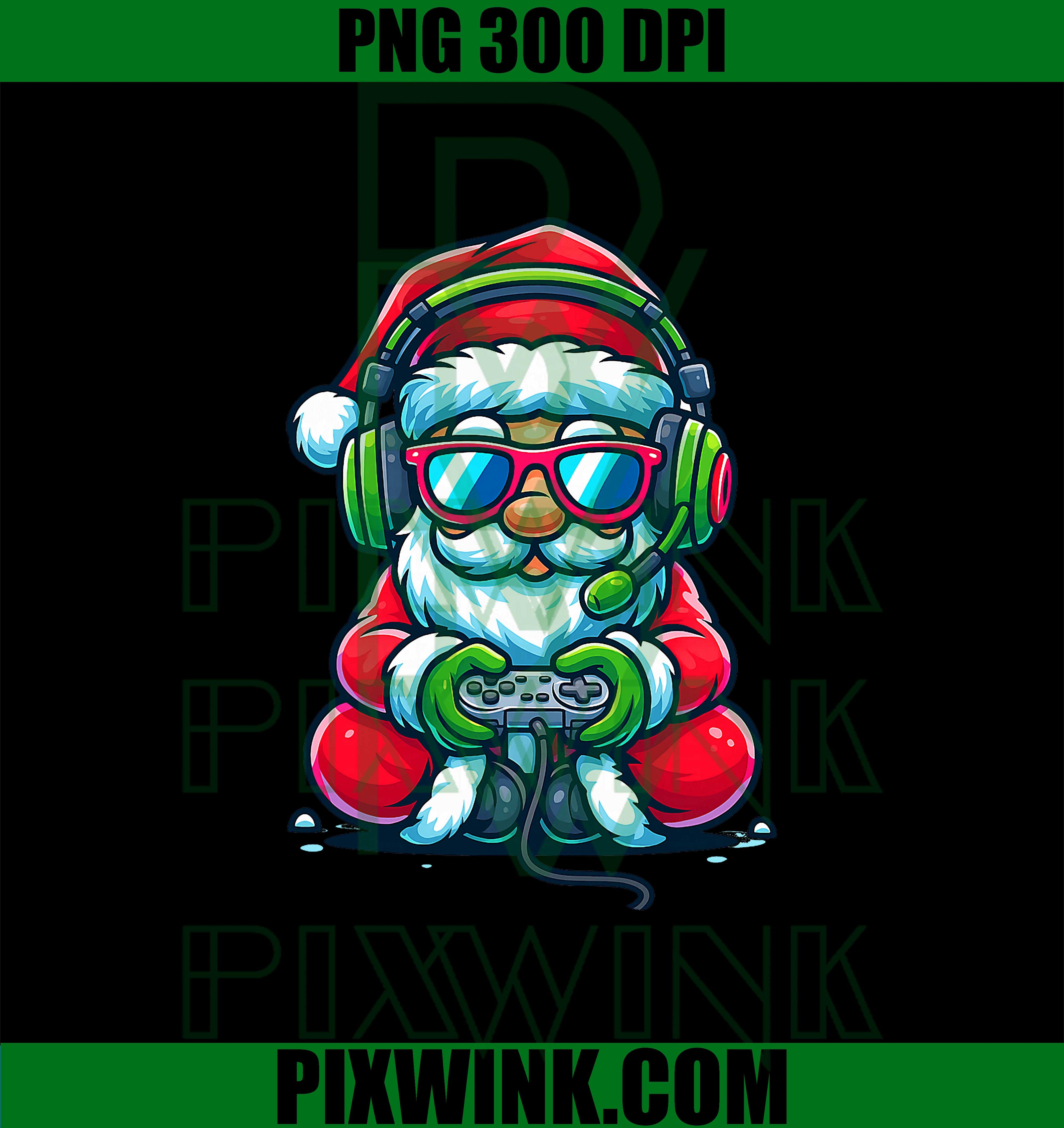 Santa Playing Video Games with Headset PNG, Christmas Game Lover PNG, Christmas Gamer PNG
