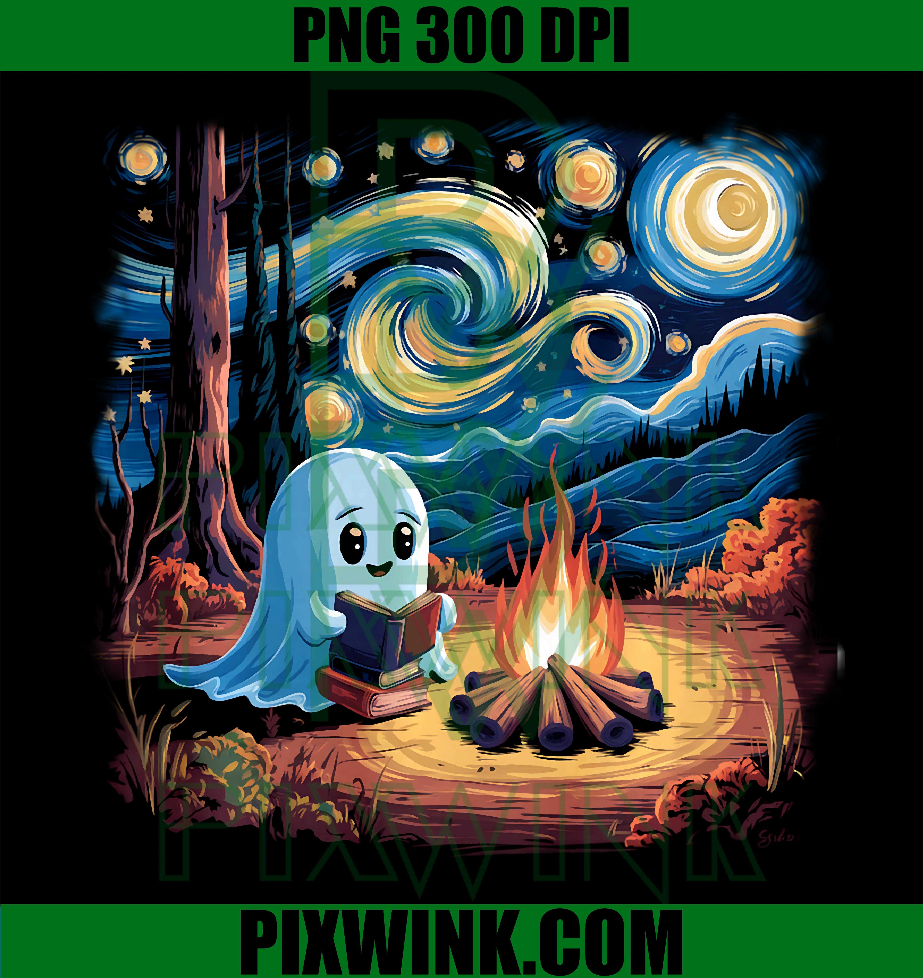 Ghost Reading Books PNG, Van Gogh Starry Night Campfire PNG