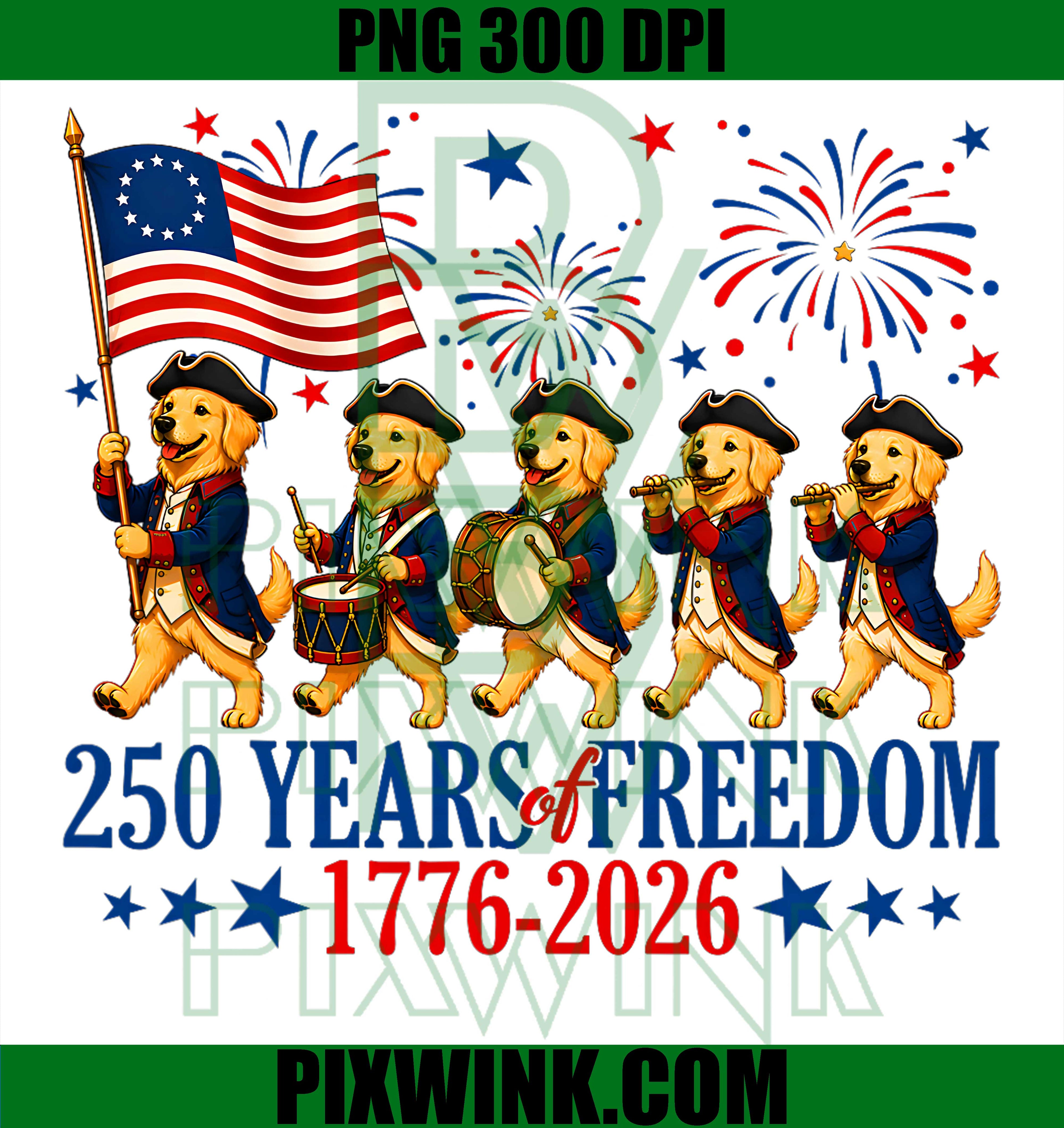 250 American Years Freedom PNG, Golden Retriever Dog 250th Bday PNG
