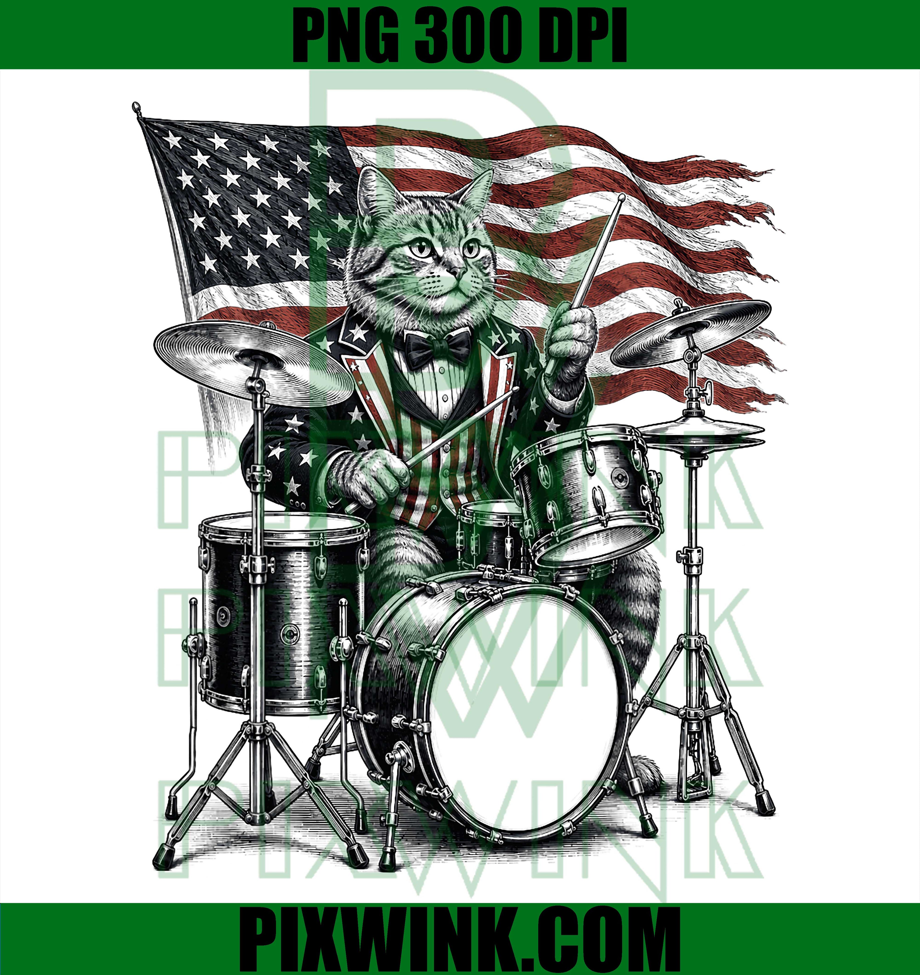 4th July Cat Drummer PNG, Patriotic American Flag PNG
