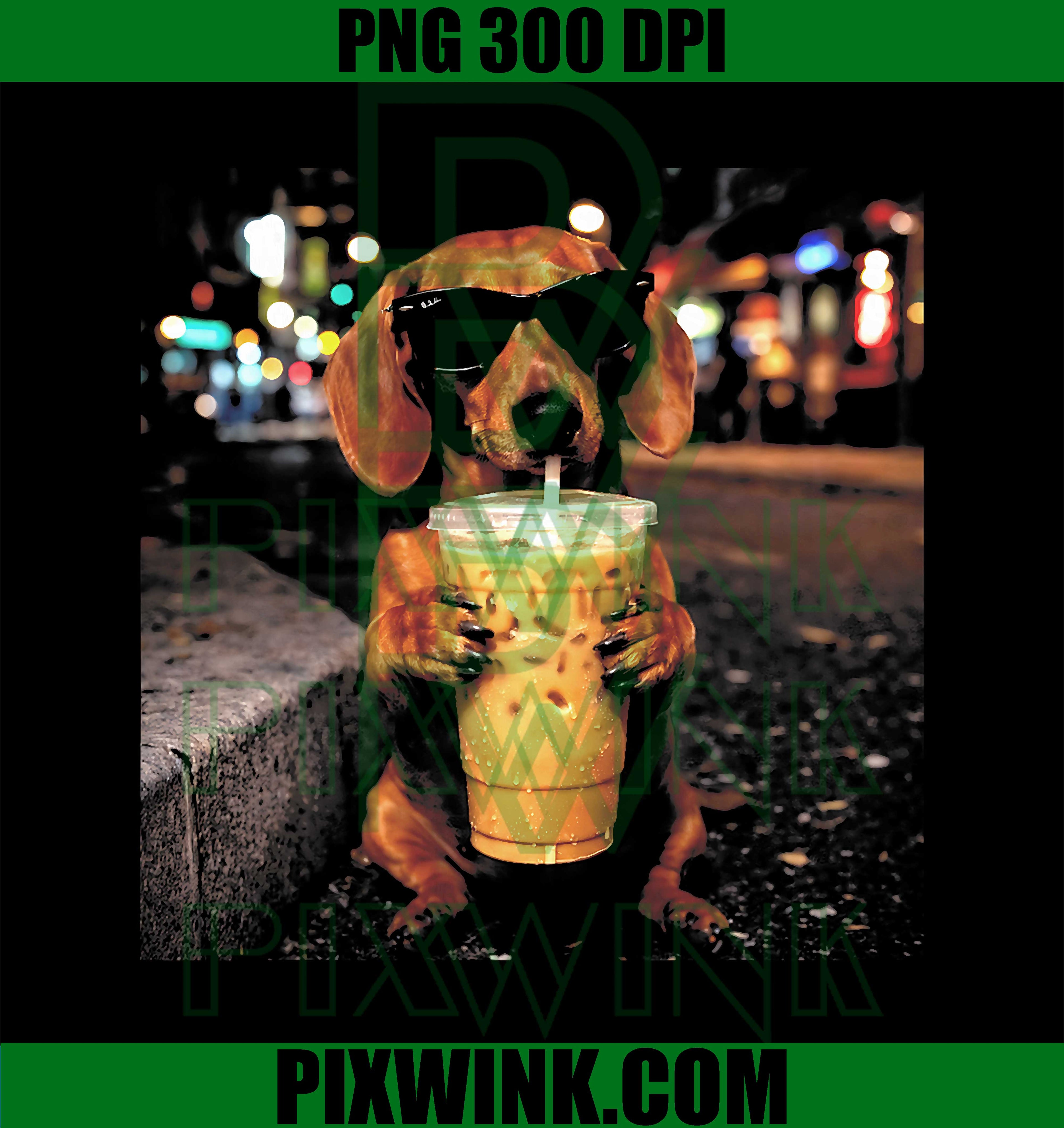 Funny Dachshund Drinking PNG, Iced Coffee Animal Meme Design PNG