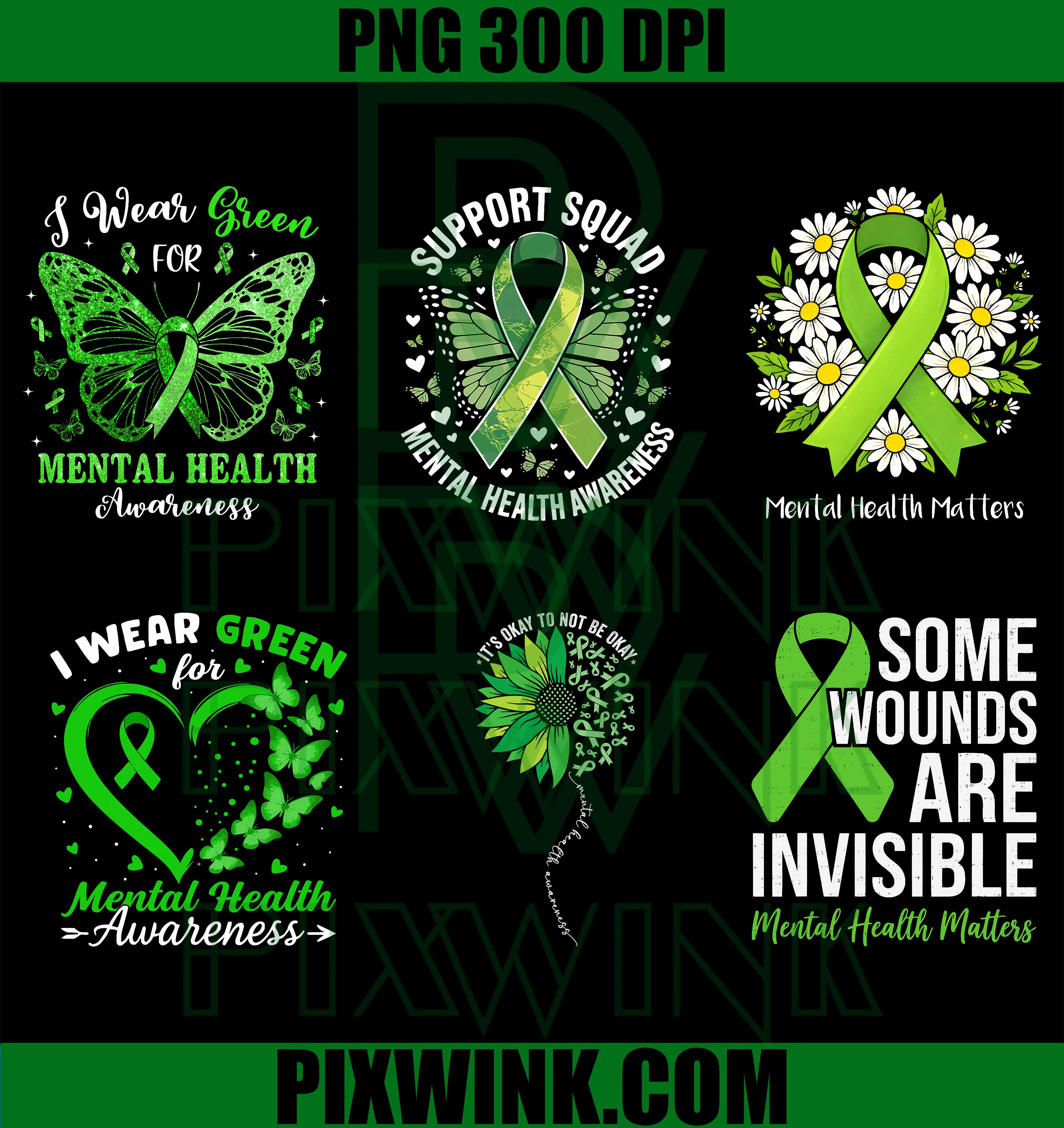 
Mental Health Awareness Bundle PNG, I Wear Green Ribbon Butterfly PNG