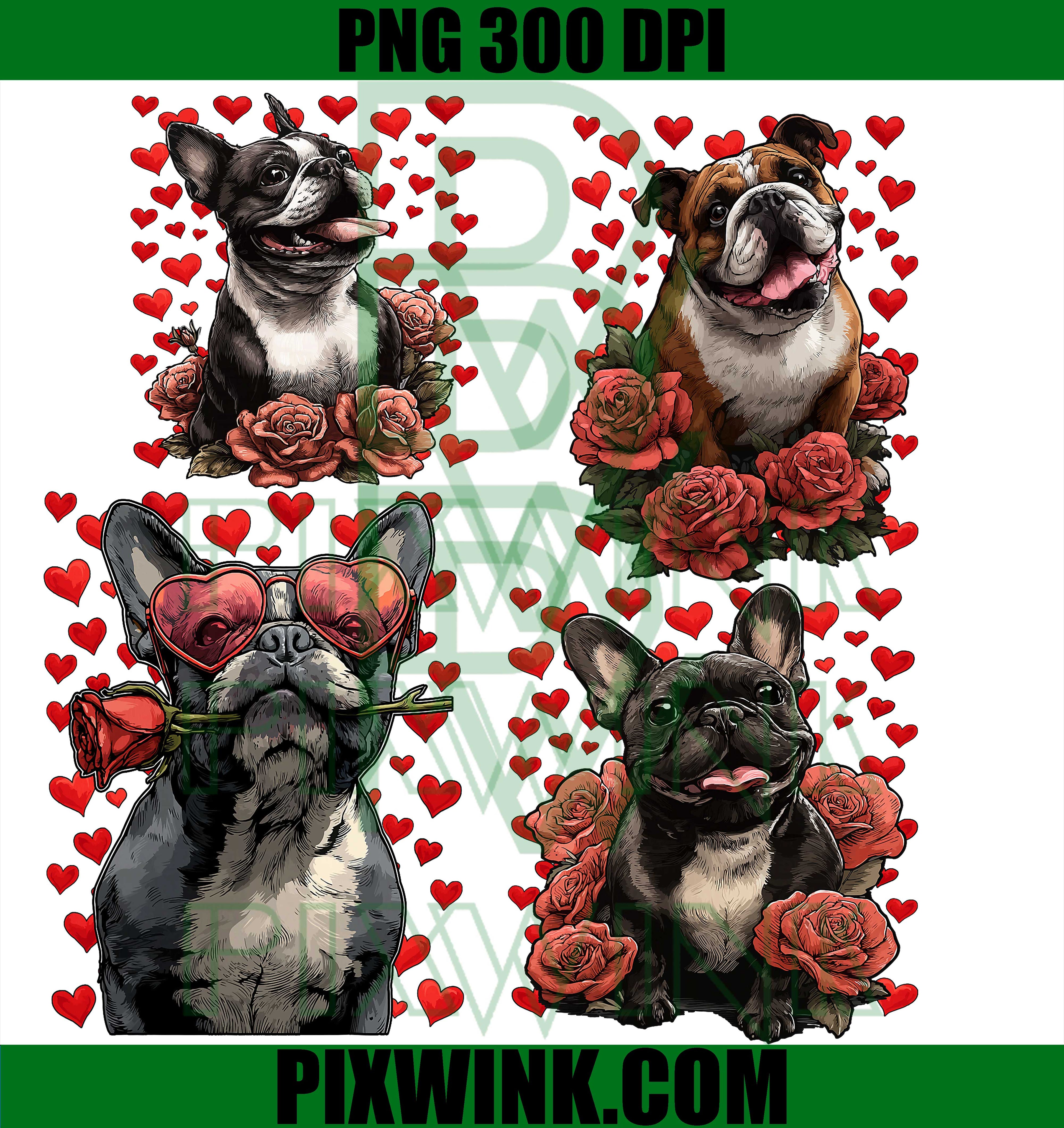 Valentine Frenchie Dog Bundle PNG, Roses & Hearts Dog Art PNG