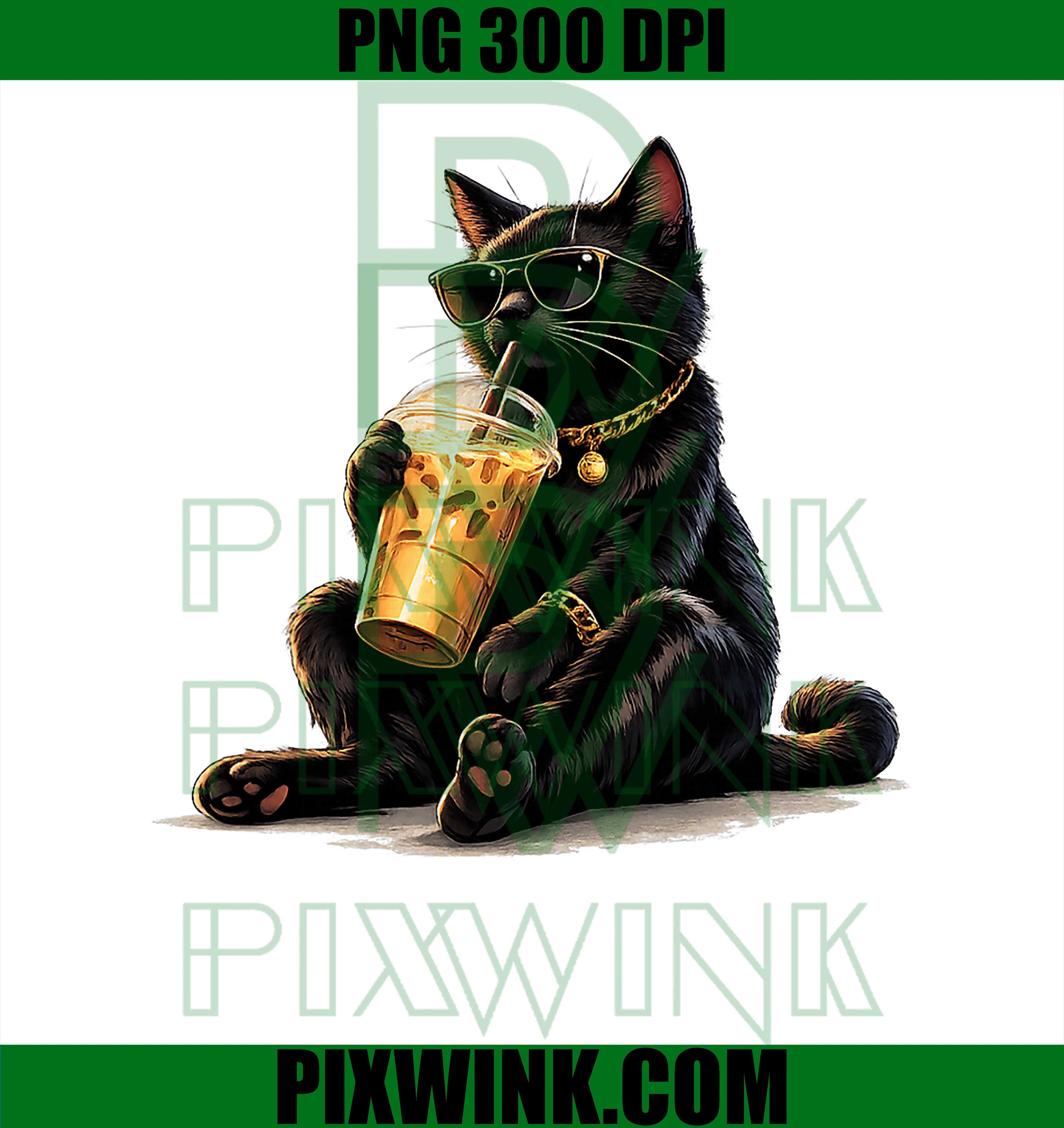Black Cat Drinking Iced Coffee PNG, Funny Cat Coffee Meme PNG