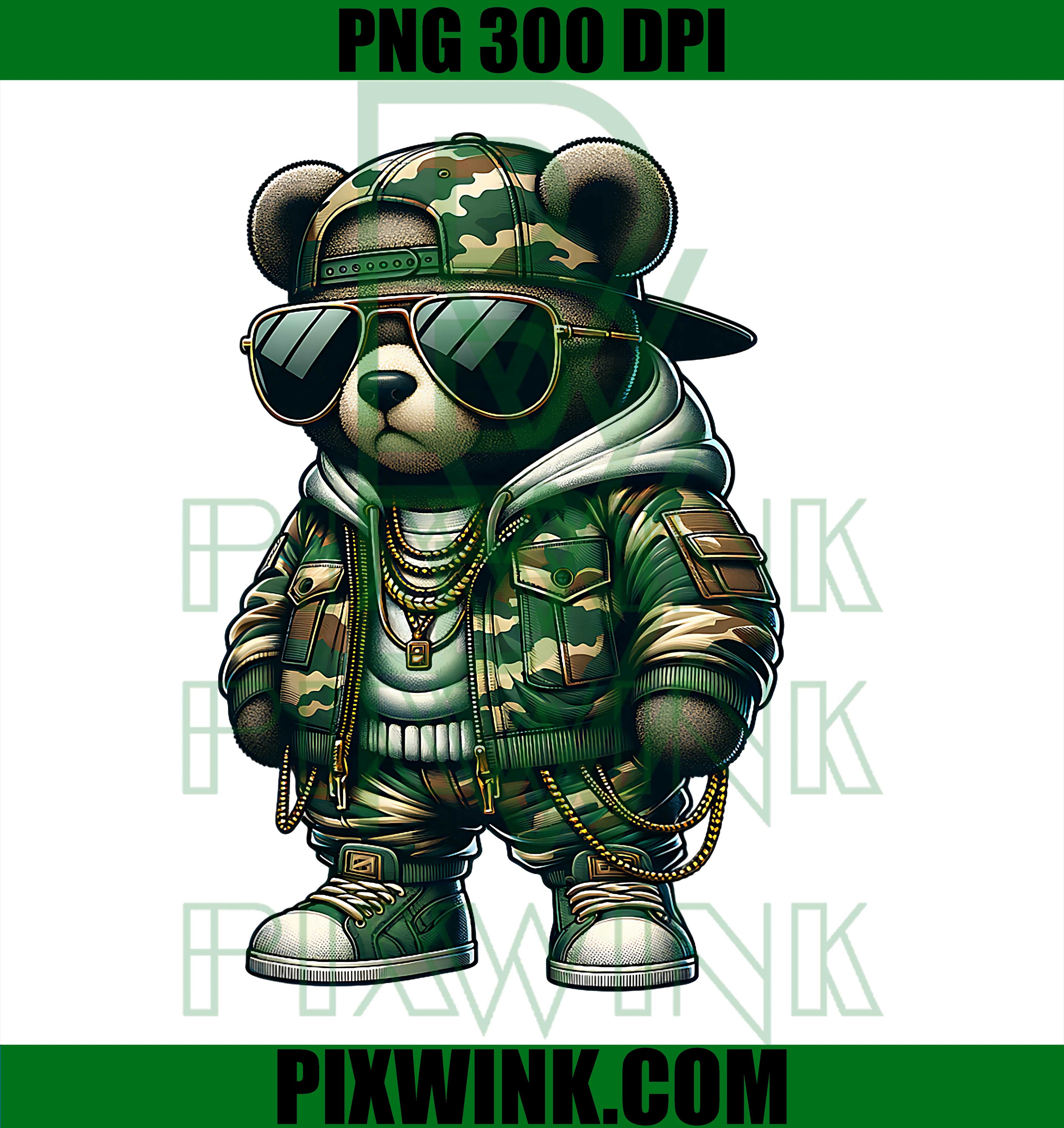 Camo Teddy Bear Hip-Hop PNG, Urban Camouflage Bear PNG