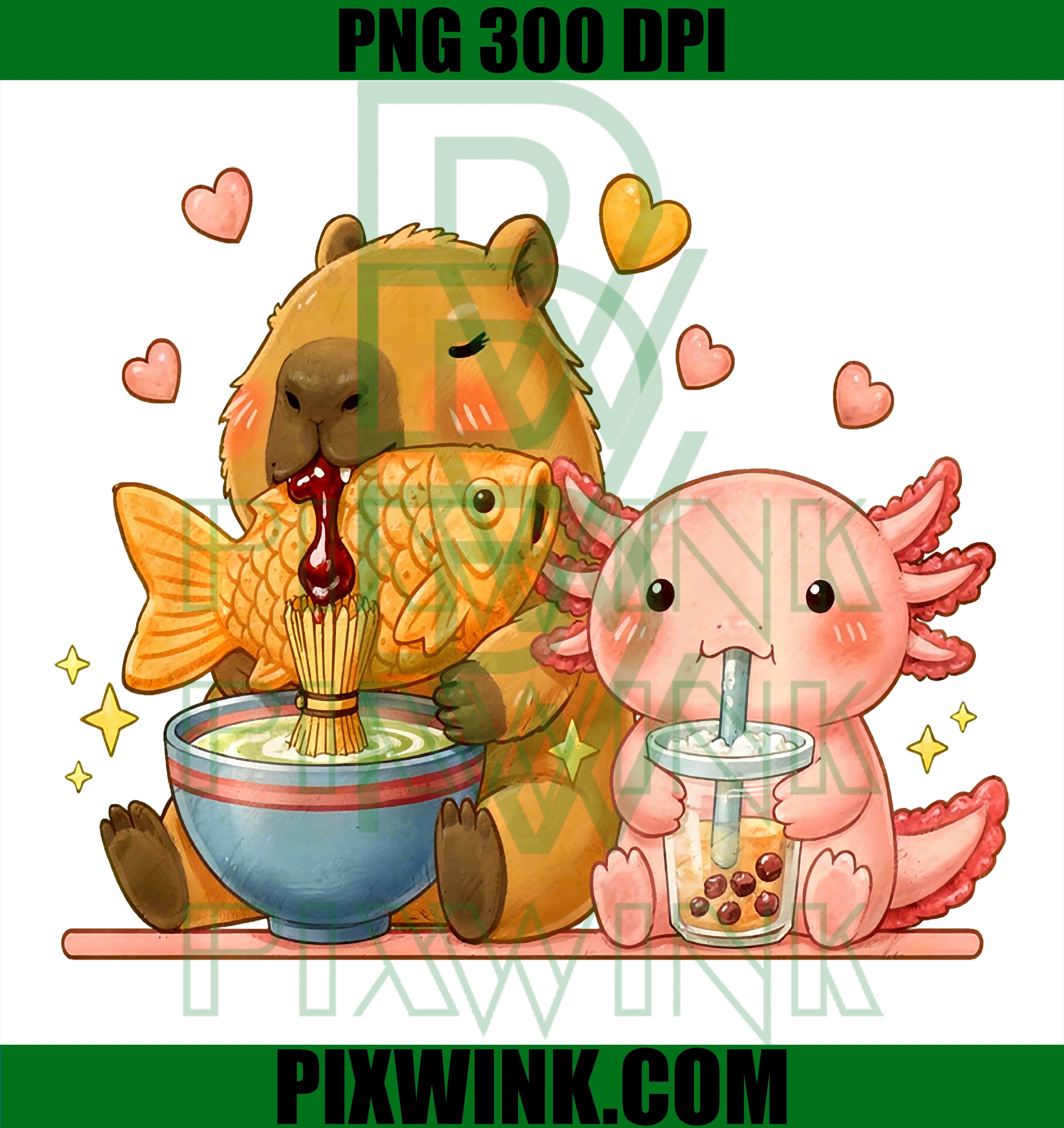 Cute Capybara Ramen PNG, Axolotl Boba Kawaii PNG