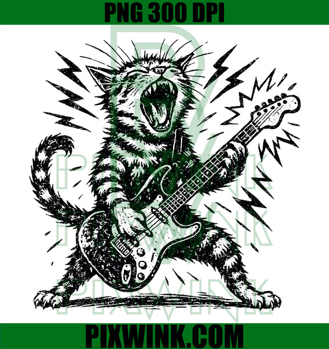 Funny Guitar Cat PNG, Rock Star Cat PNG Electric Music Design