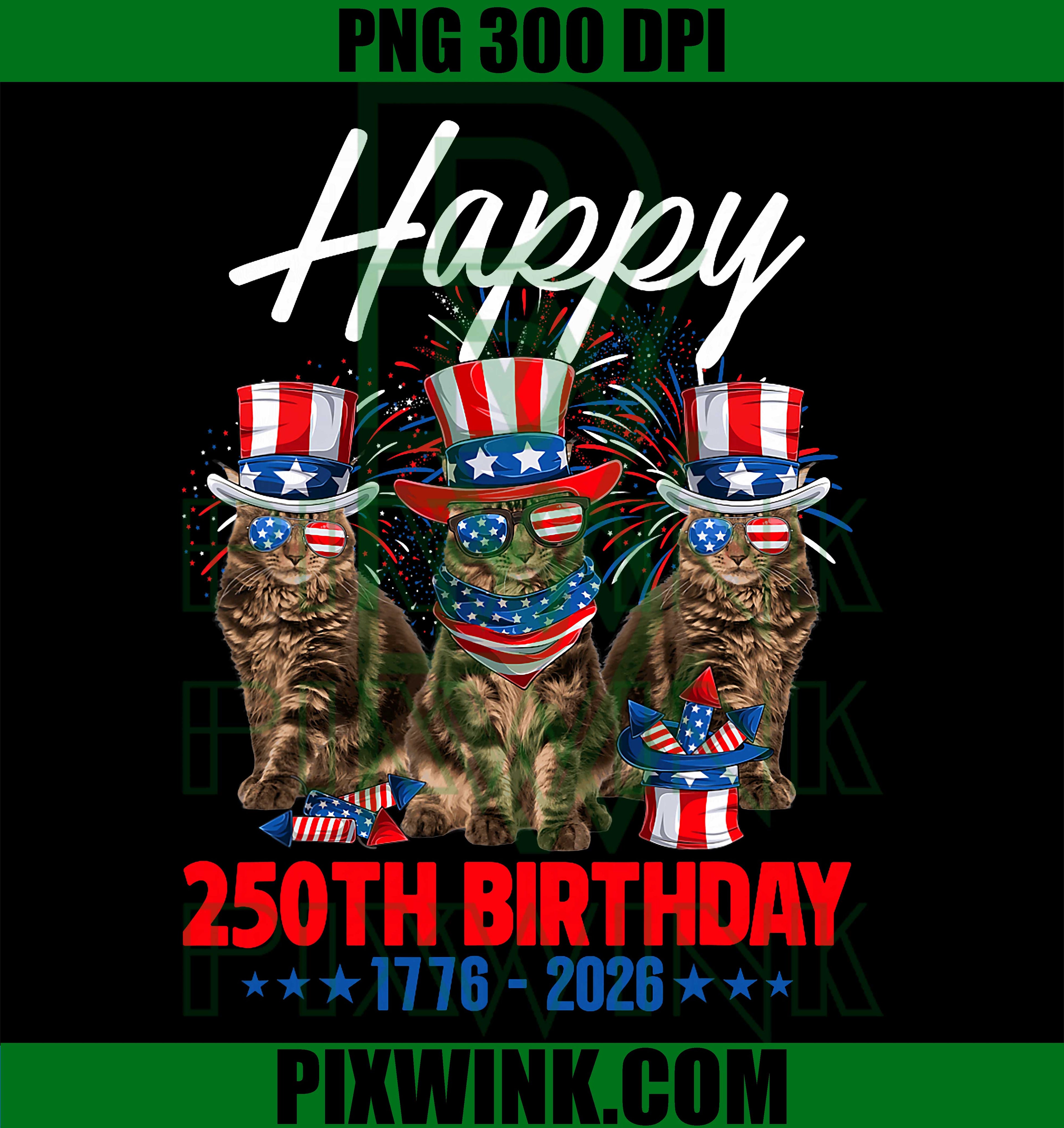 Happy 250th Birthday America PNG, Maine Coon Cat Patriotic PNG