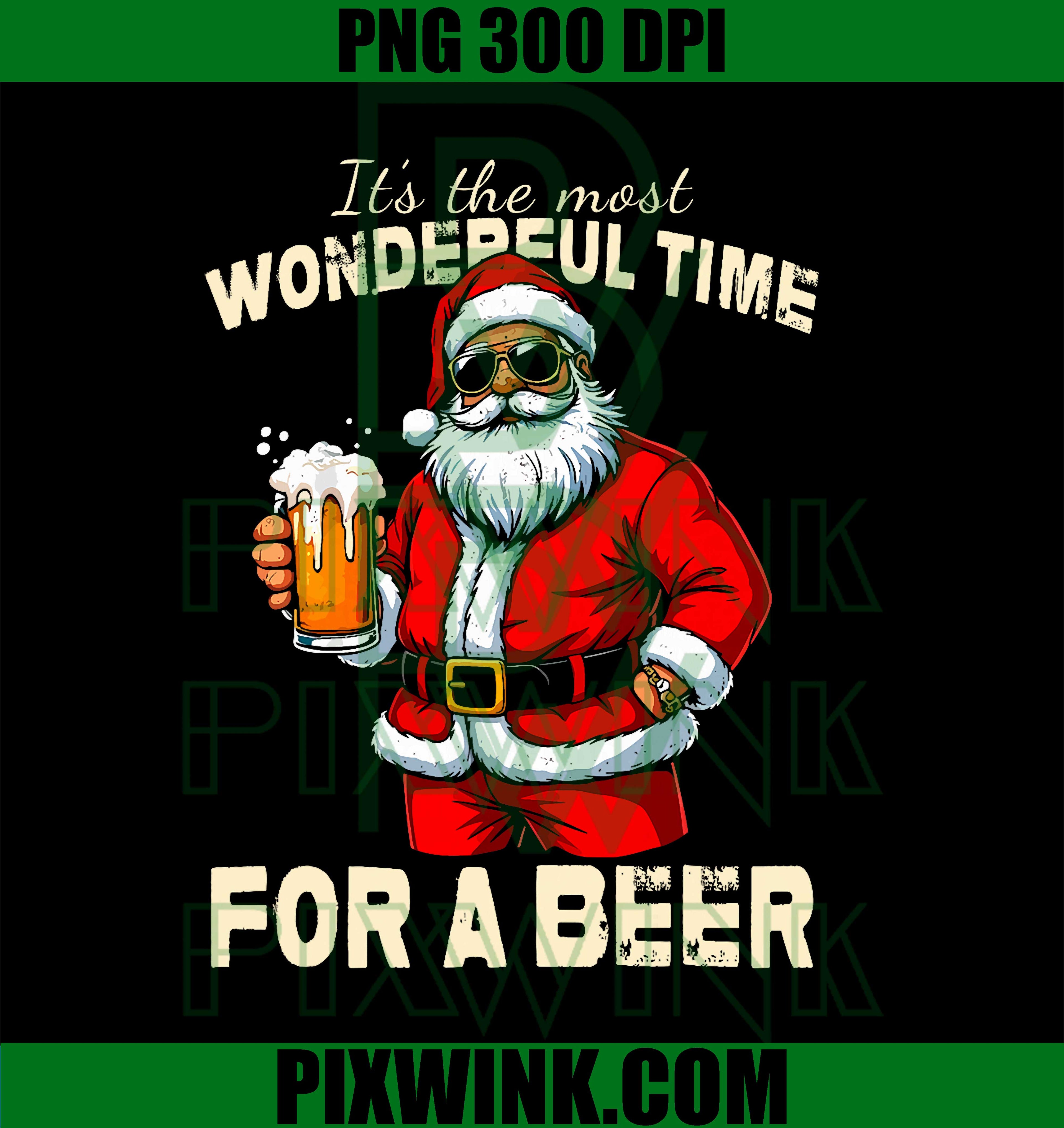 Funny Christmas Santa Drinking Beer Wonderful Time PNG