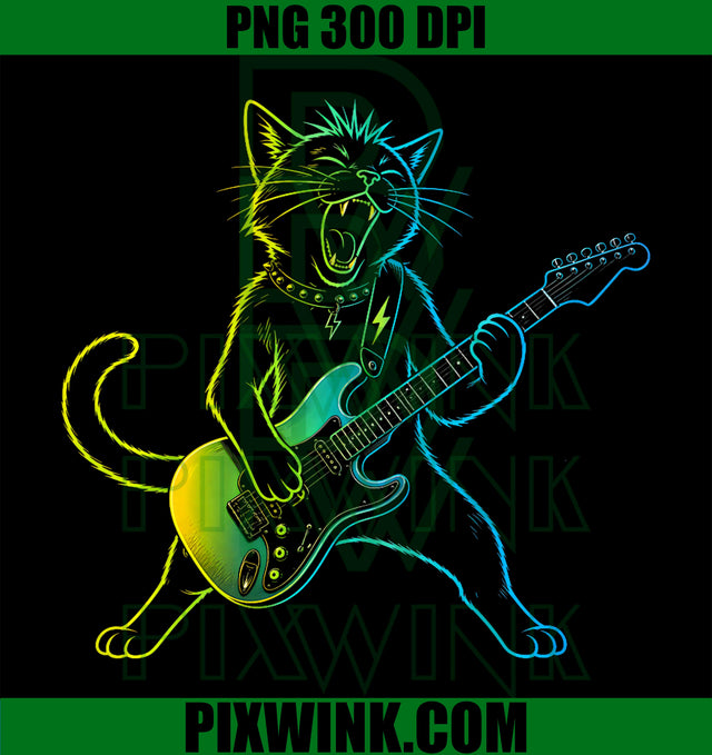 Rock Guitar Cat PNG, Rockstar Cat PNG Funny Music Band Design