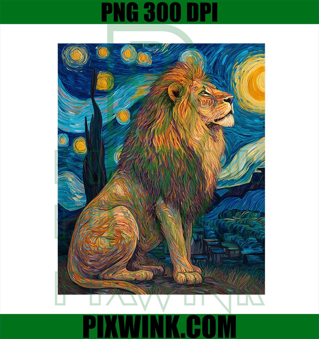 Lion Africa Van Gogh Style Starry Night, Funny Graphic PNG