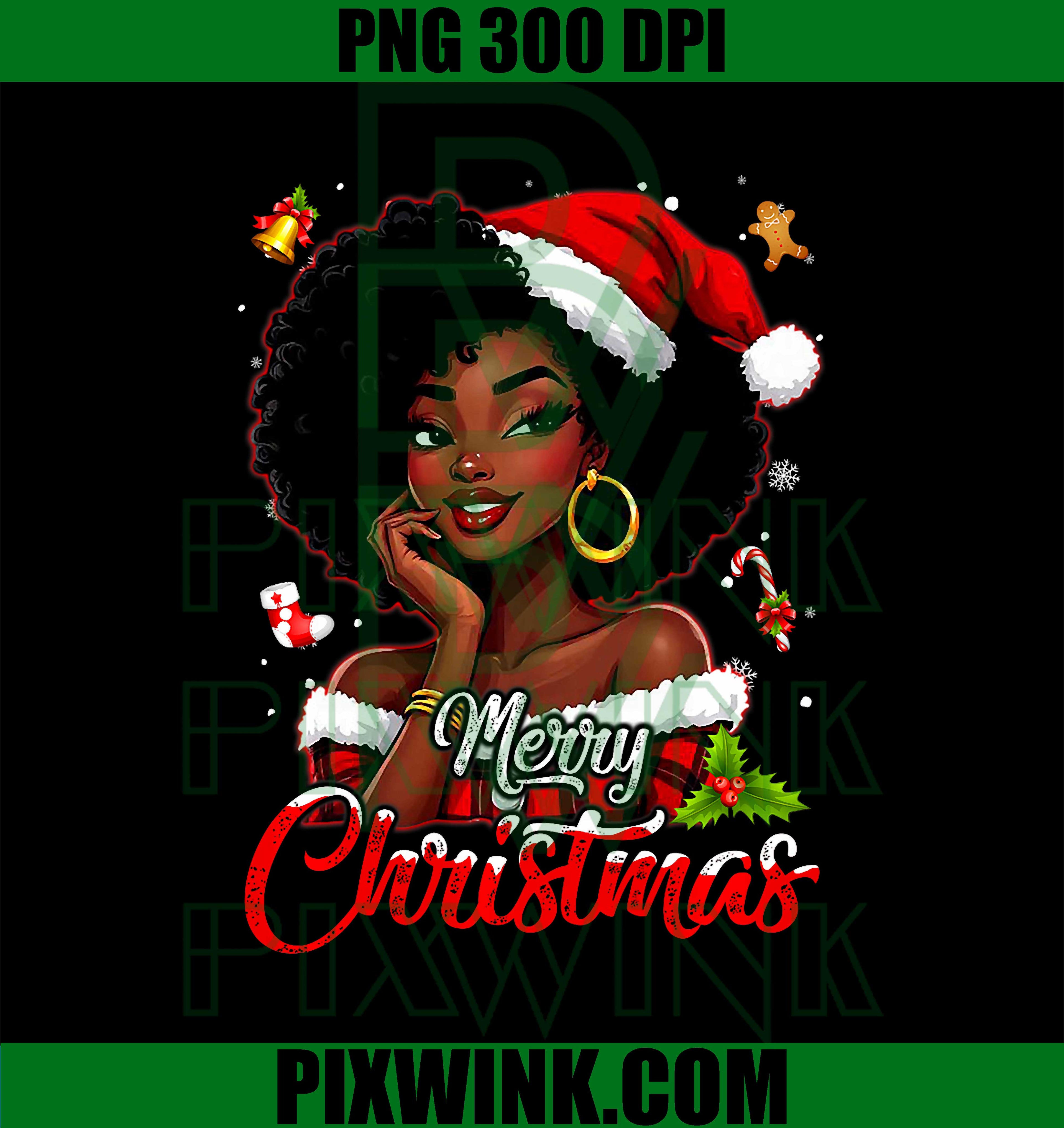 Merry Christmas Black African Girl Santa Hat PNG