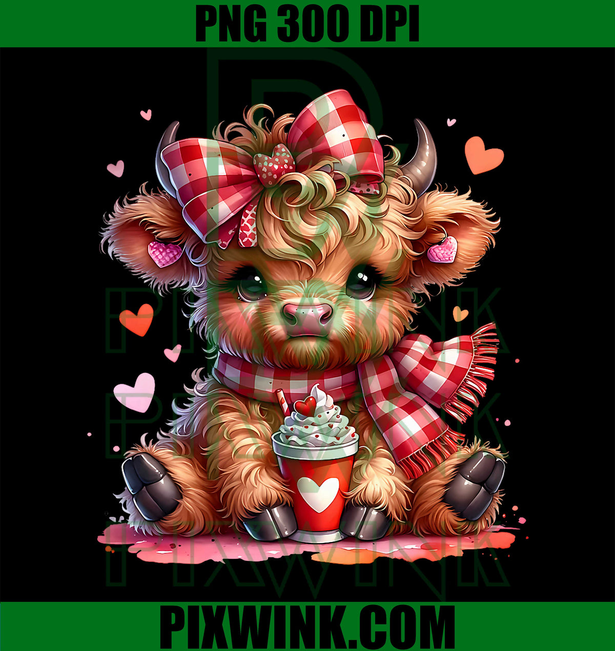 Valentine Highland Cow, Cute Cow Drinking Coffee, Girls Women PNG